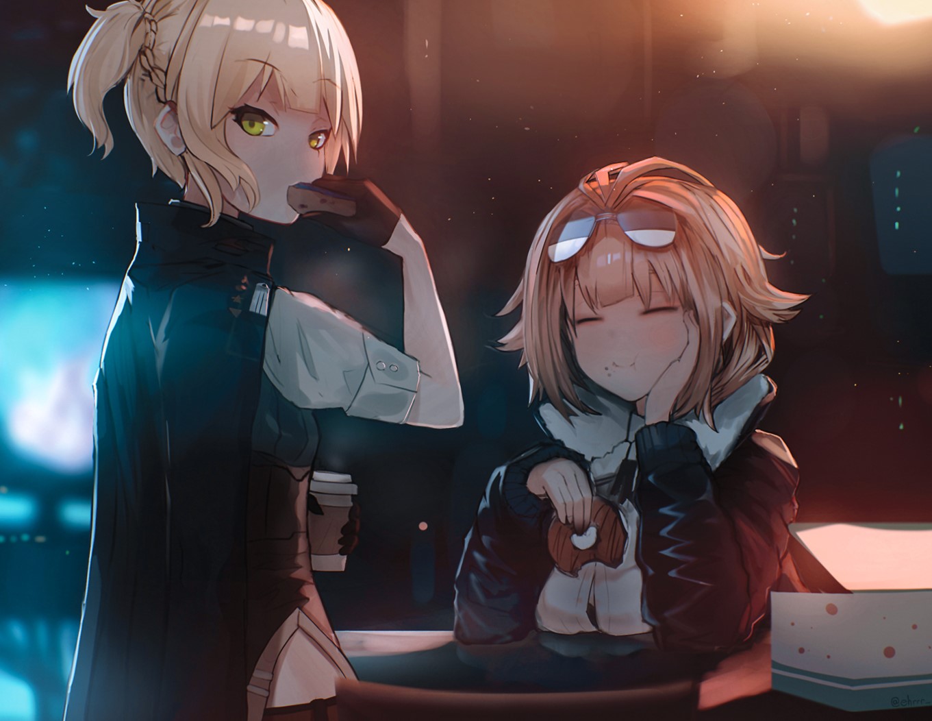 Anime girls eating donuts and drinking coffee HD Wallpaper