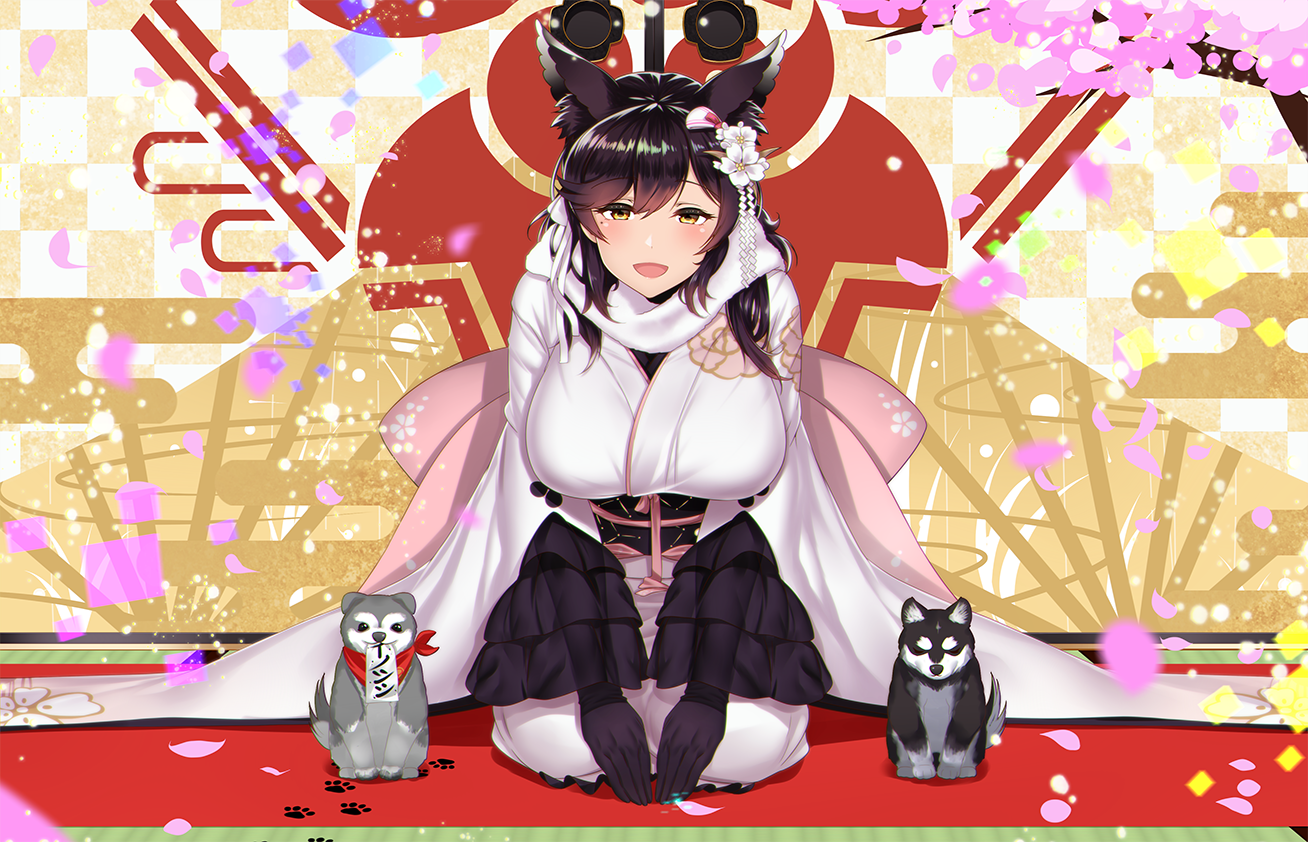 Atago from Azur Lane with dogs HD Wallpaper