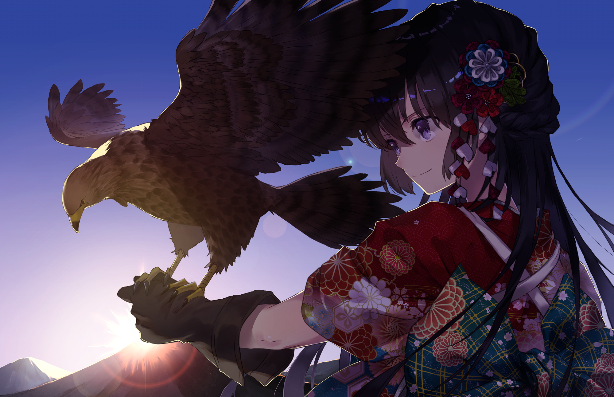Anime girl with eagle in traditional Japanese attire HD Wallpaper