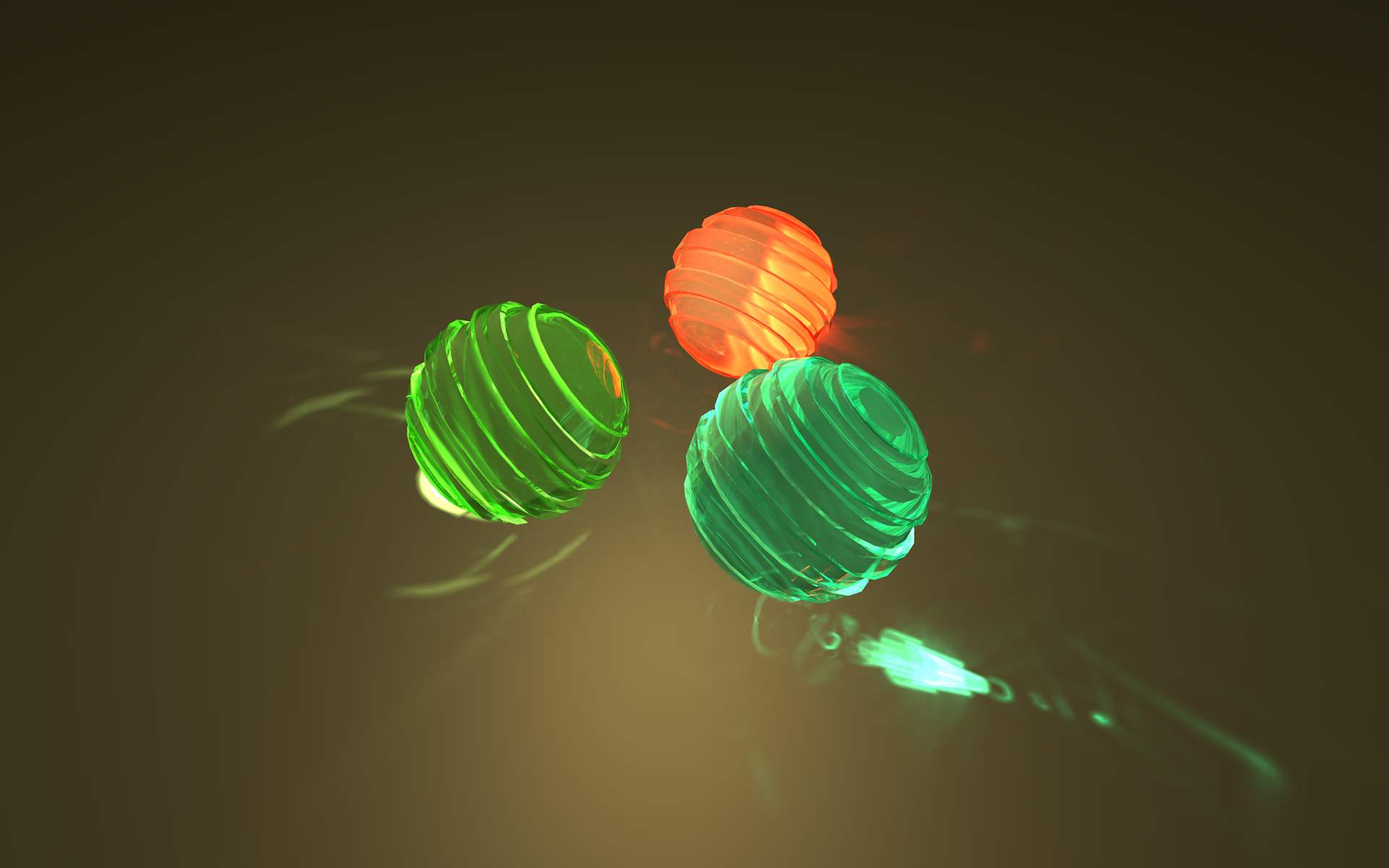 Three glowing glass spheres on a gradient background HD Wallpaper