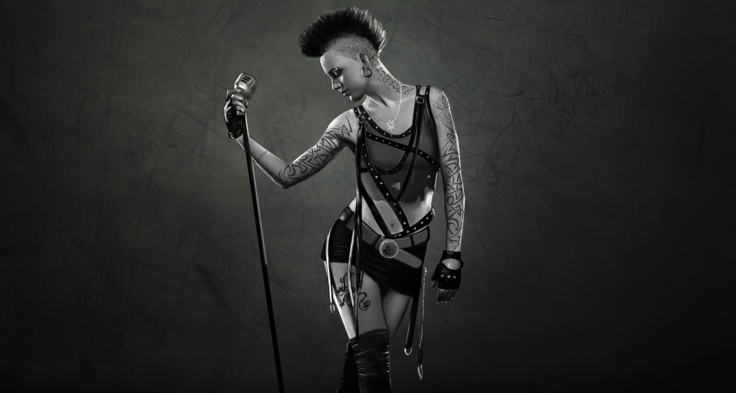 Woman with mohawk and tattoos holding a microphone HD Wallpaper