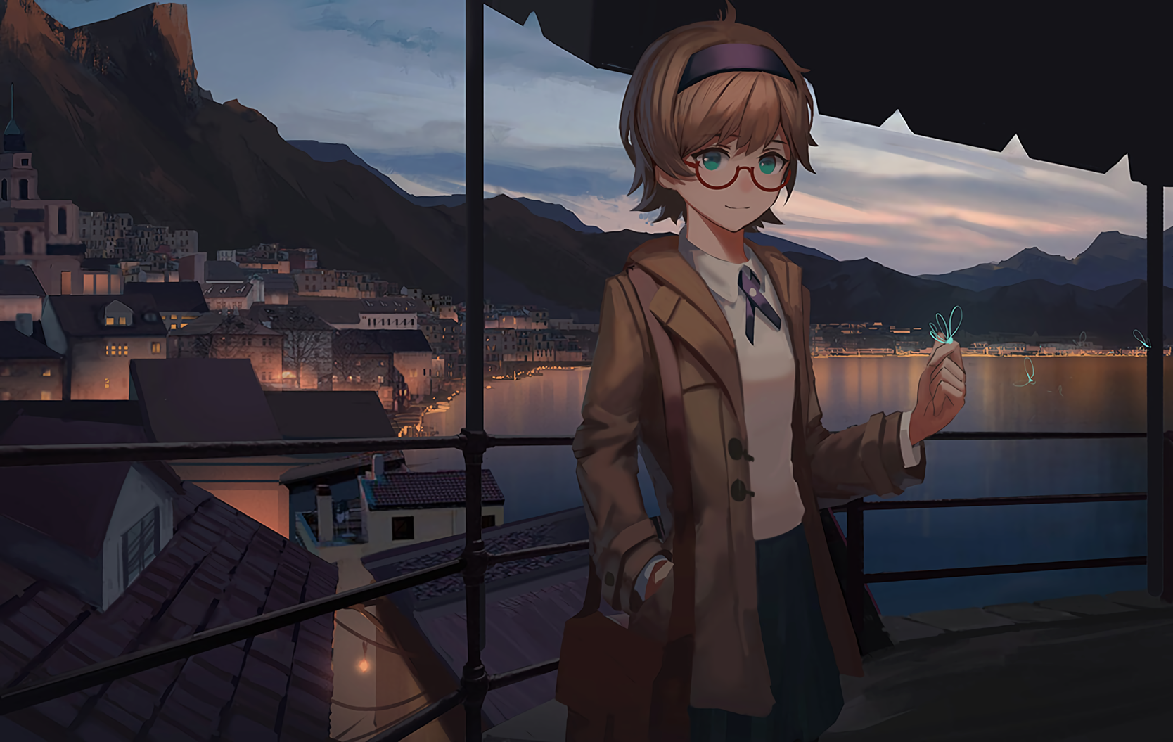 Lotte Yansson from Little Witch Academia at dusk by a lake HD Wallpaper