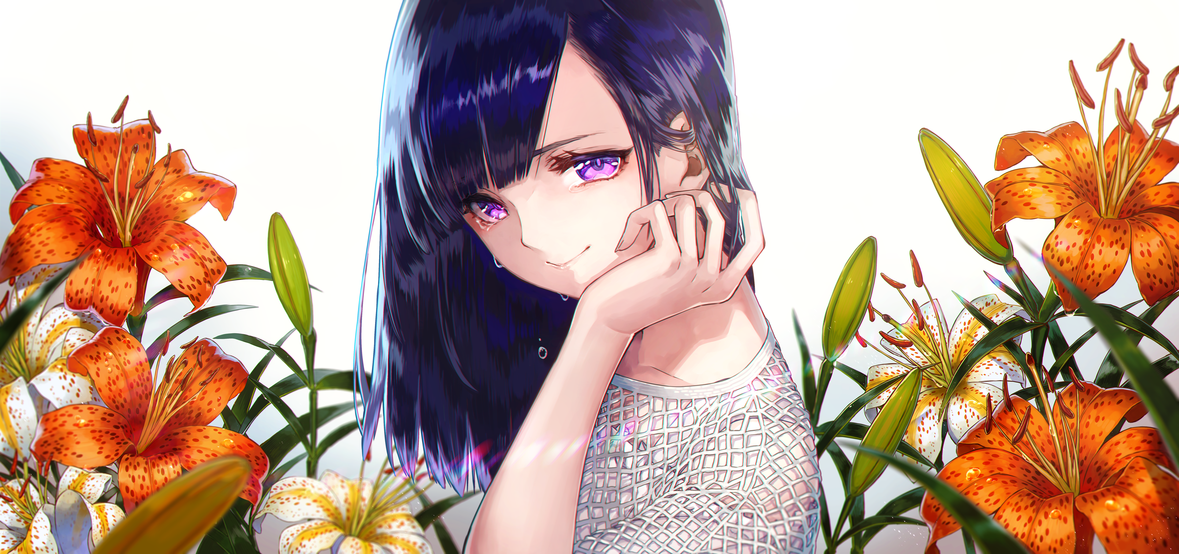 Anime girl with purple eyes and blue hair surrounded by lilies HD Wallpaper