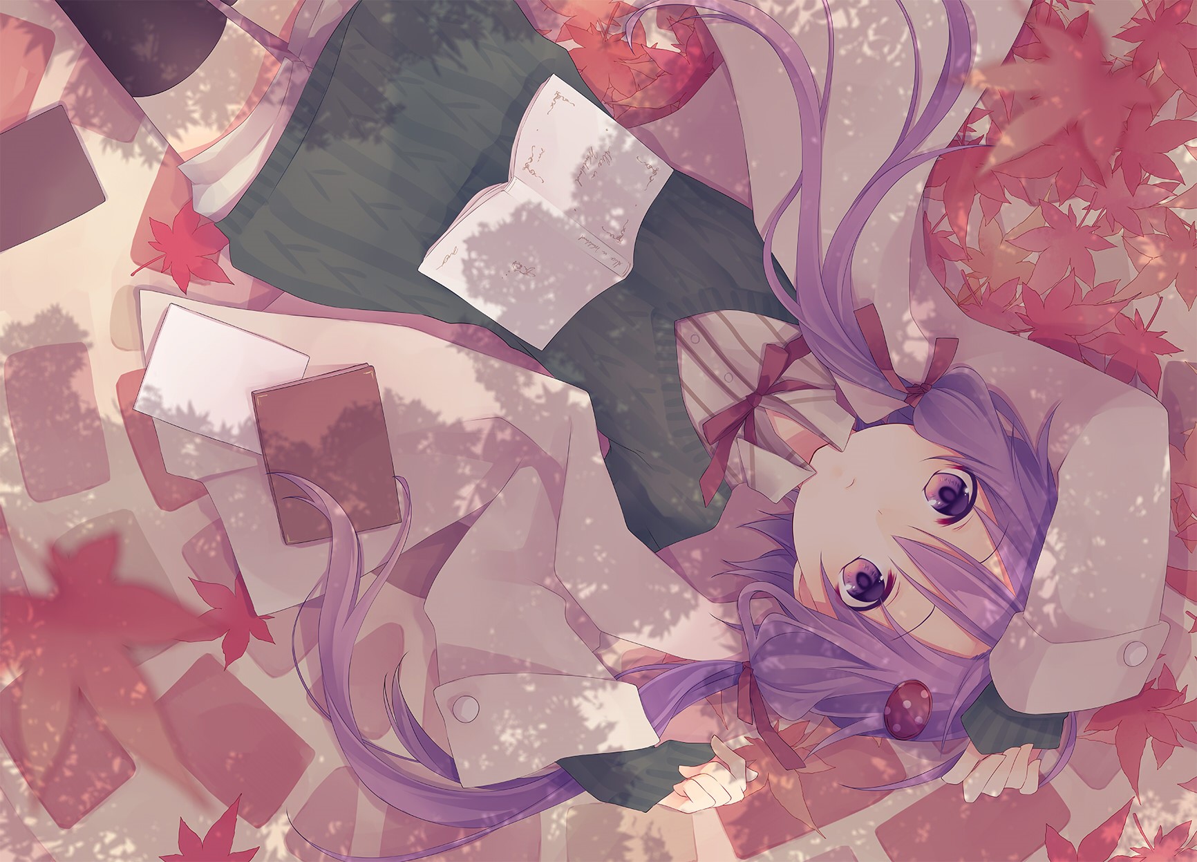 Anime girl with purple hair and eyes lying down HD Wallpaper