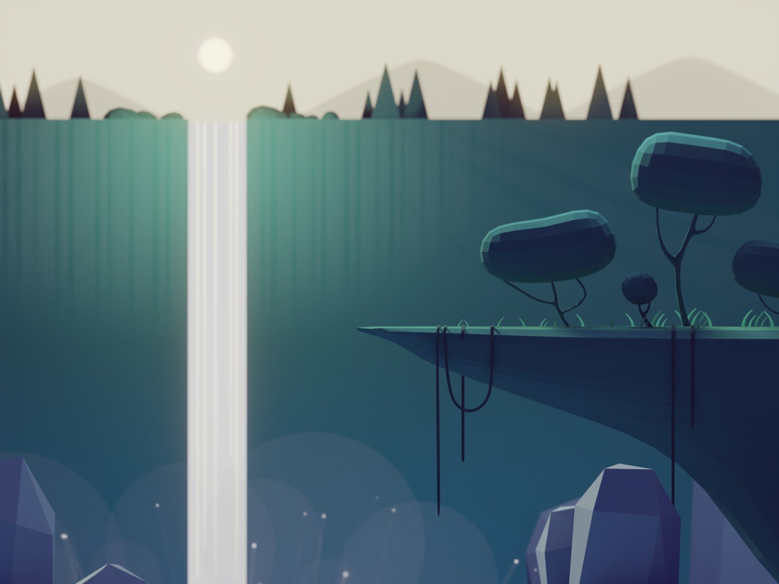 Digital art of a low-poly waterfall and trees HD Wallpaper