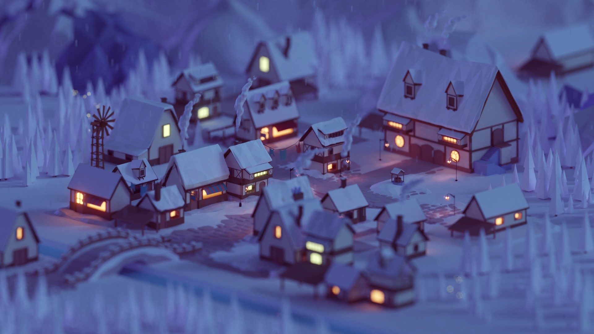Low poly village in winter at night HD Wallpaper