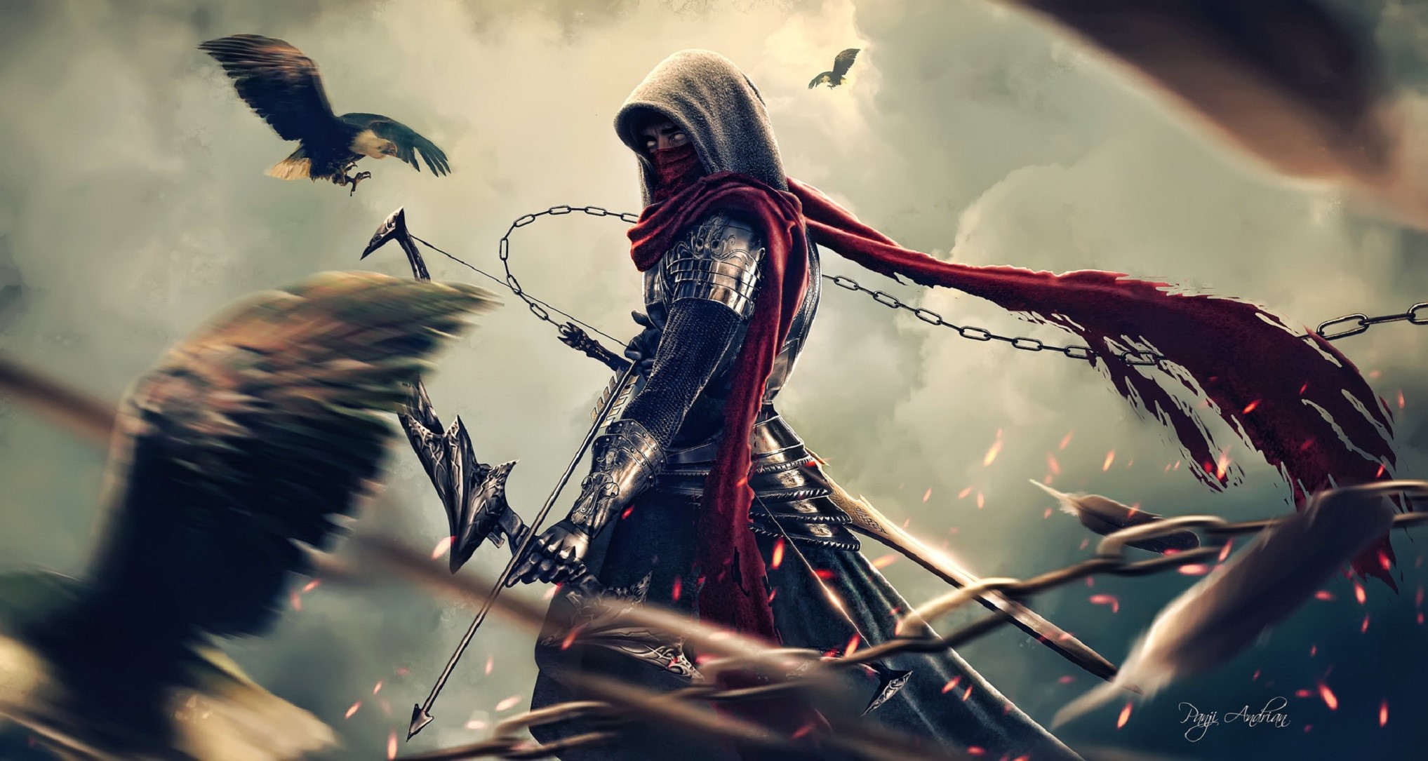 Fantasy warrior with bow and arrow and birds HD Wallpaper