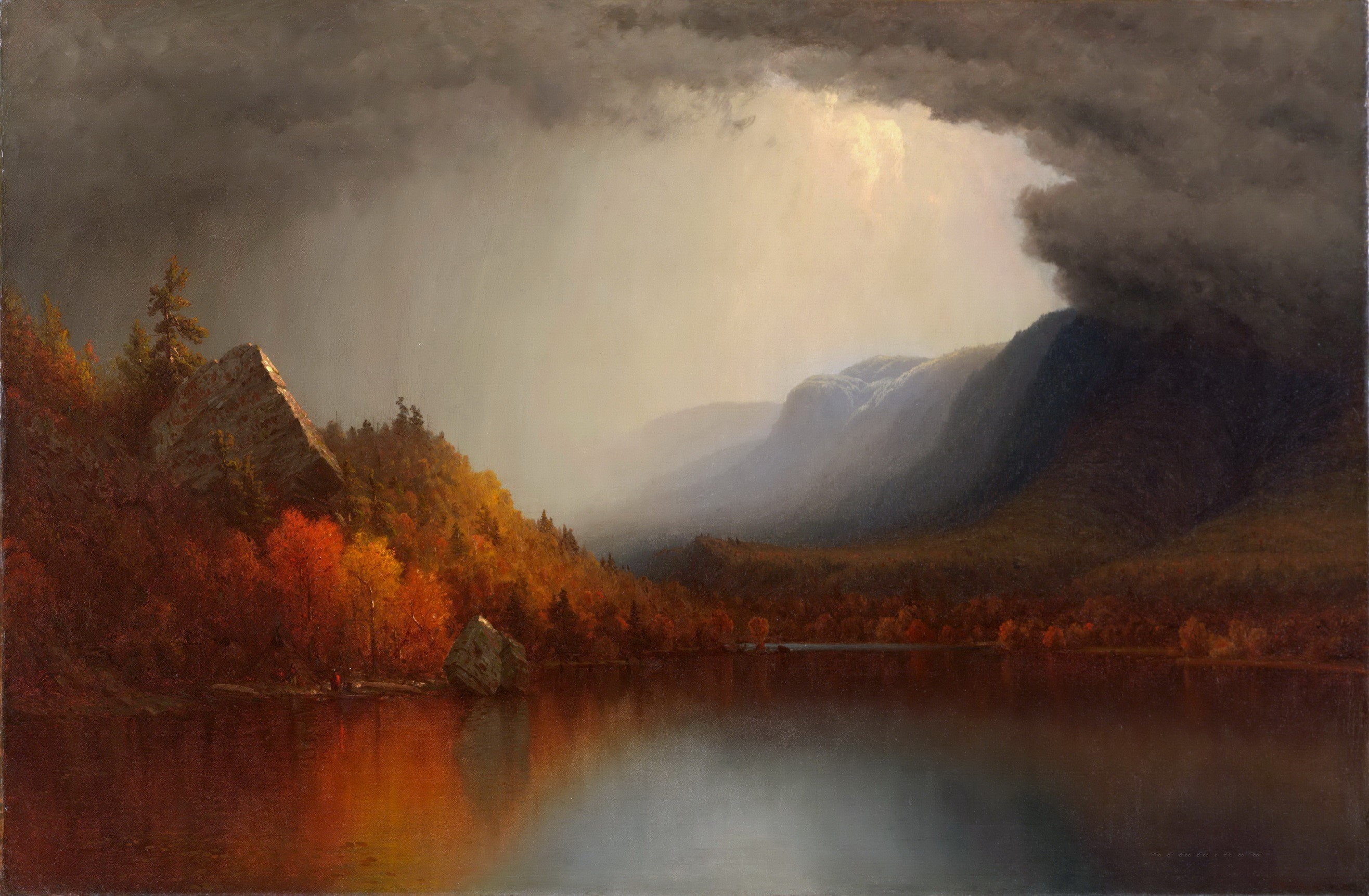 Autumn landscape painting of a lake and mountains HD Wallpaper