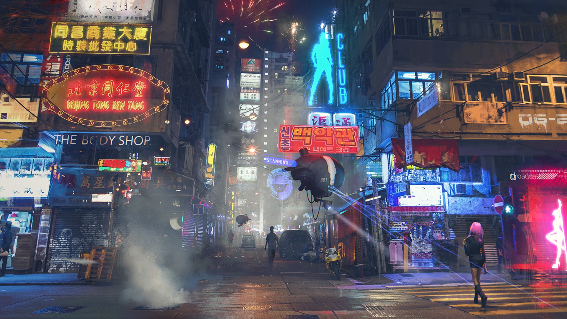 Cyberpunk city street with neon signs and flying drones HD Wallpaper