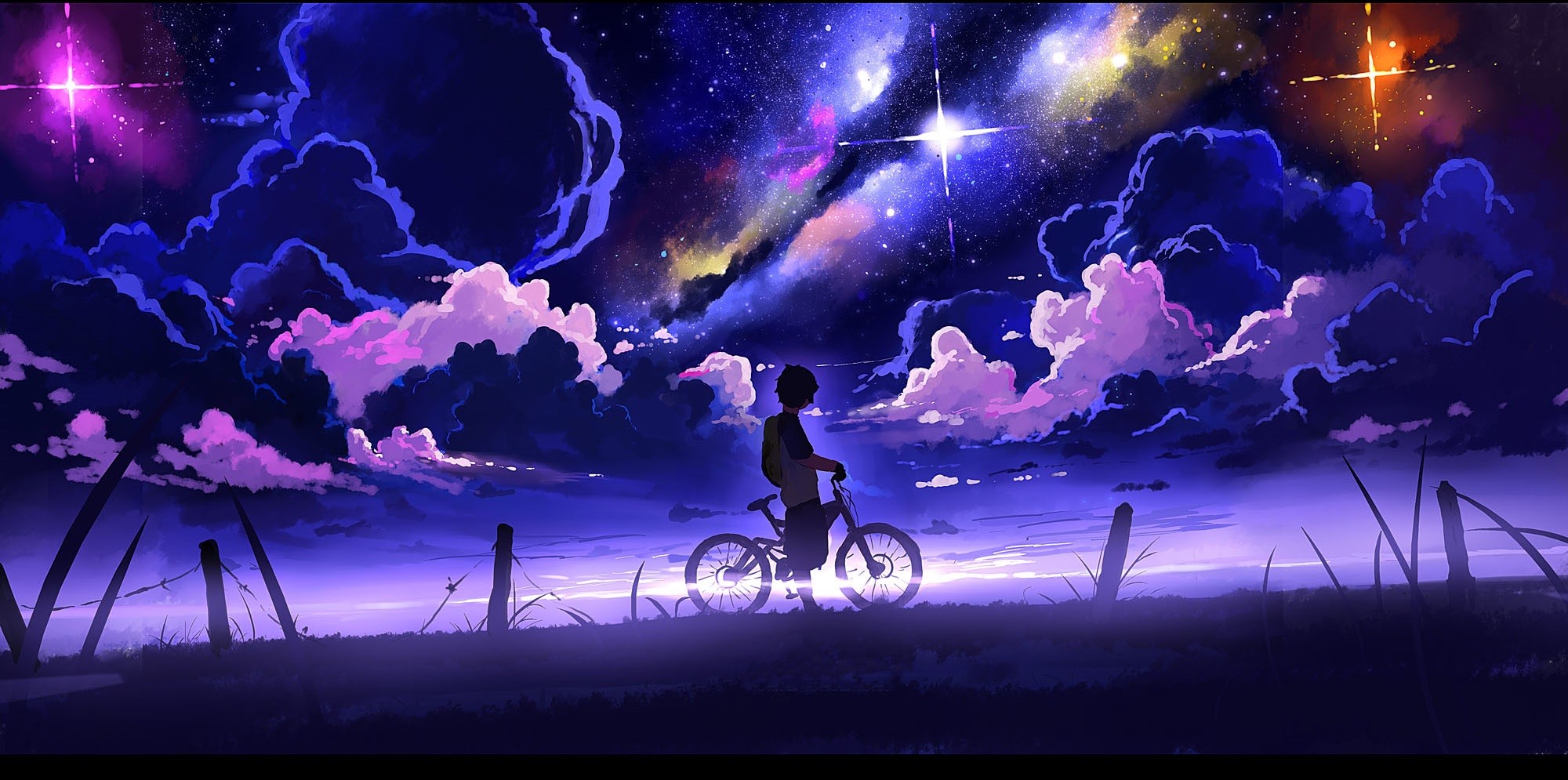 Boy with bicycle looking at starry night sky with clouds HD Wallpaper