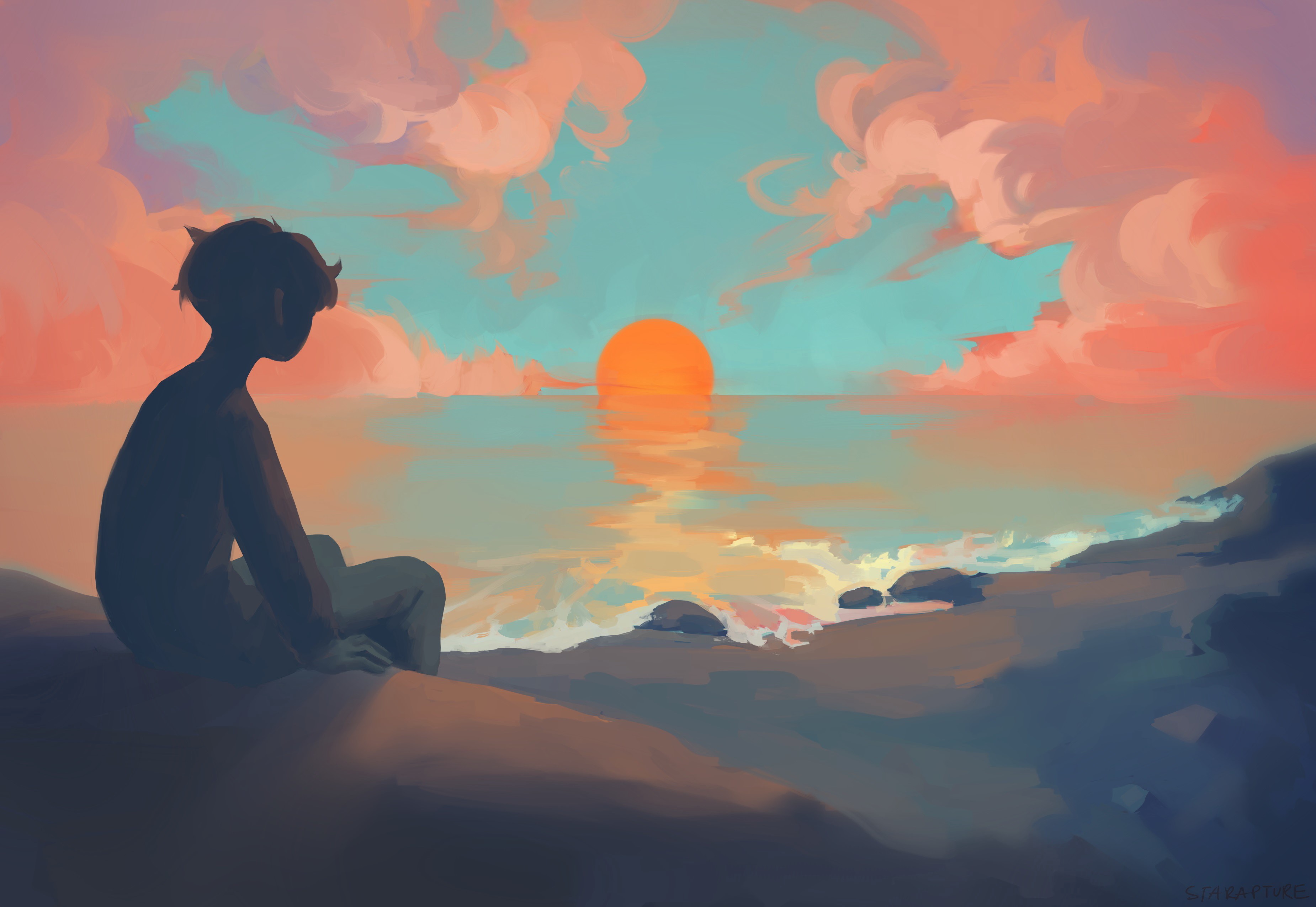 Silhouette of a person watching a sunset over the sea HD Wallpaper