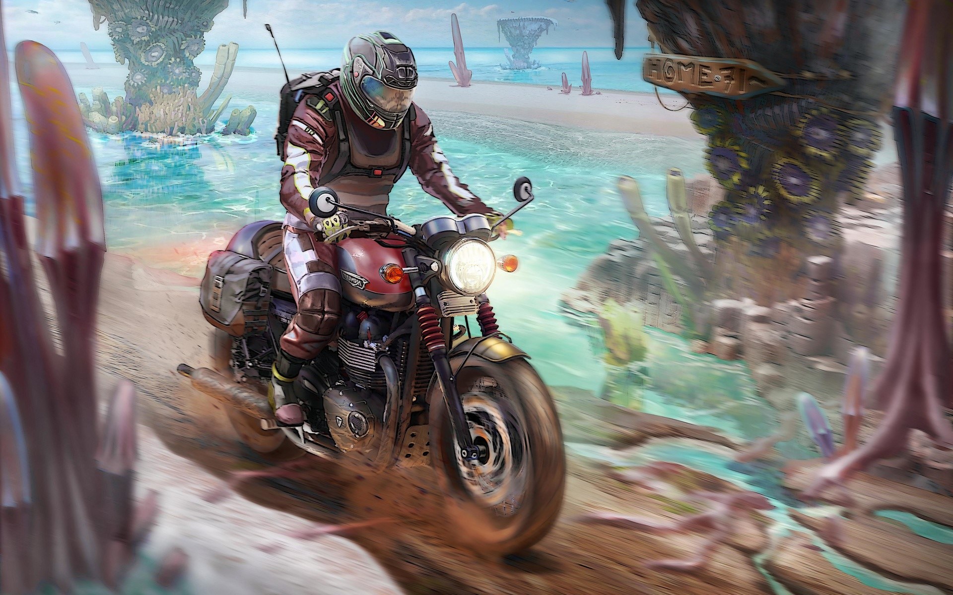 Man riding a motorcycle on an alien beach HD Wallpaper