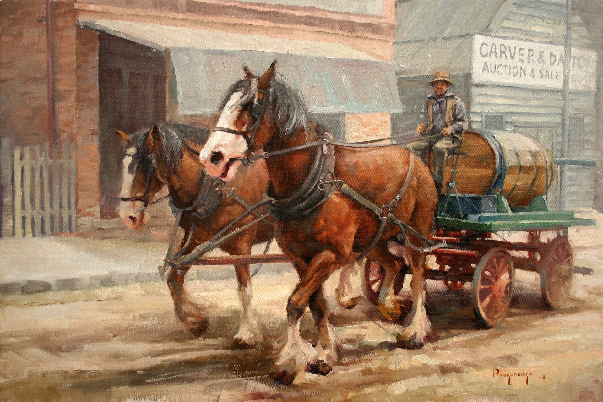 Two horses pulling a cart with a barrel and a man HD Wallpaper