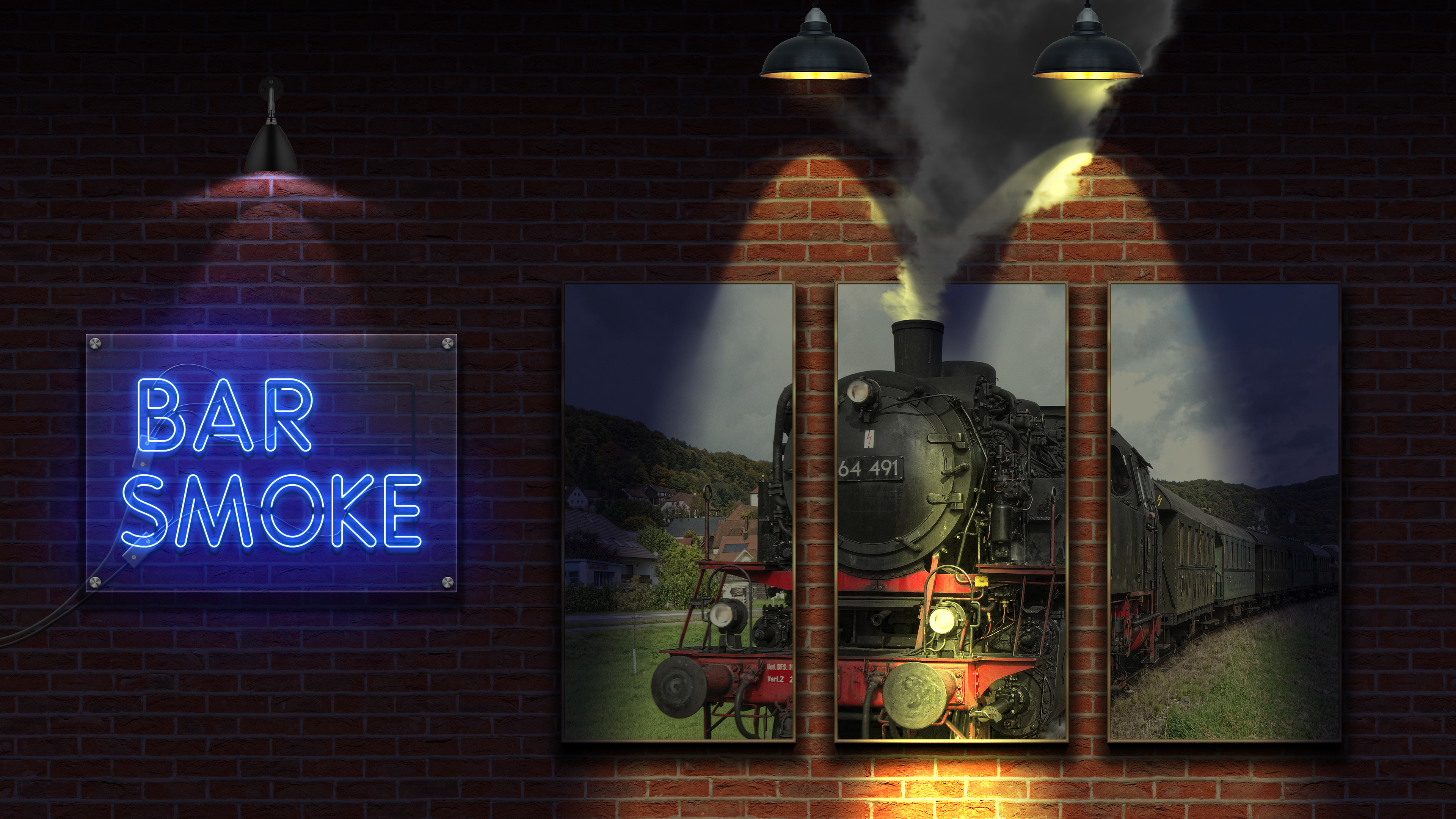 Bar Smoke neon sign and steam locomotive art HD Wallpaper