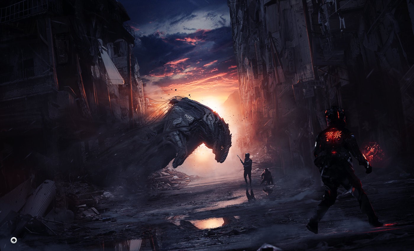 Futuristic monster in a destroyed city at sunset HD Wallpaper