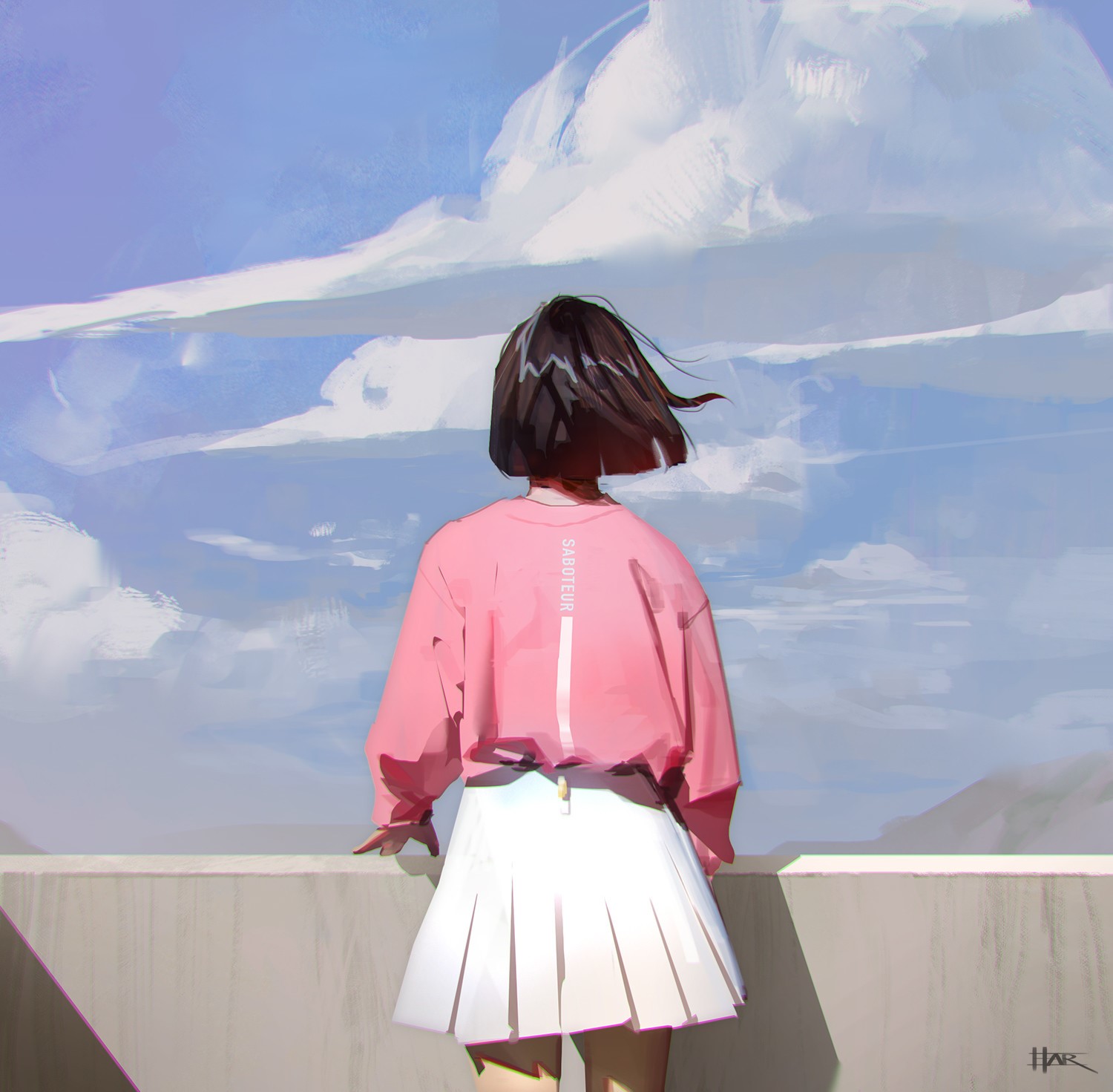 Anime girl in pink sweatshirt and white skirt looking at clouds HD Wallpaper