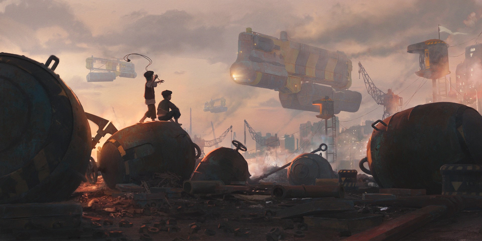Children in a futuristic junkyard with airships HD Wallpaper