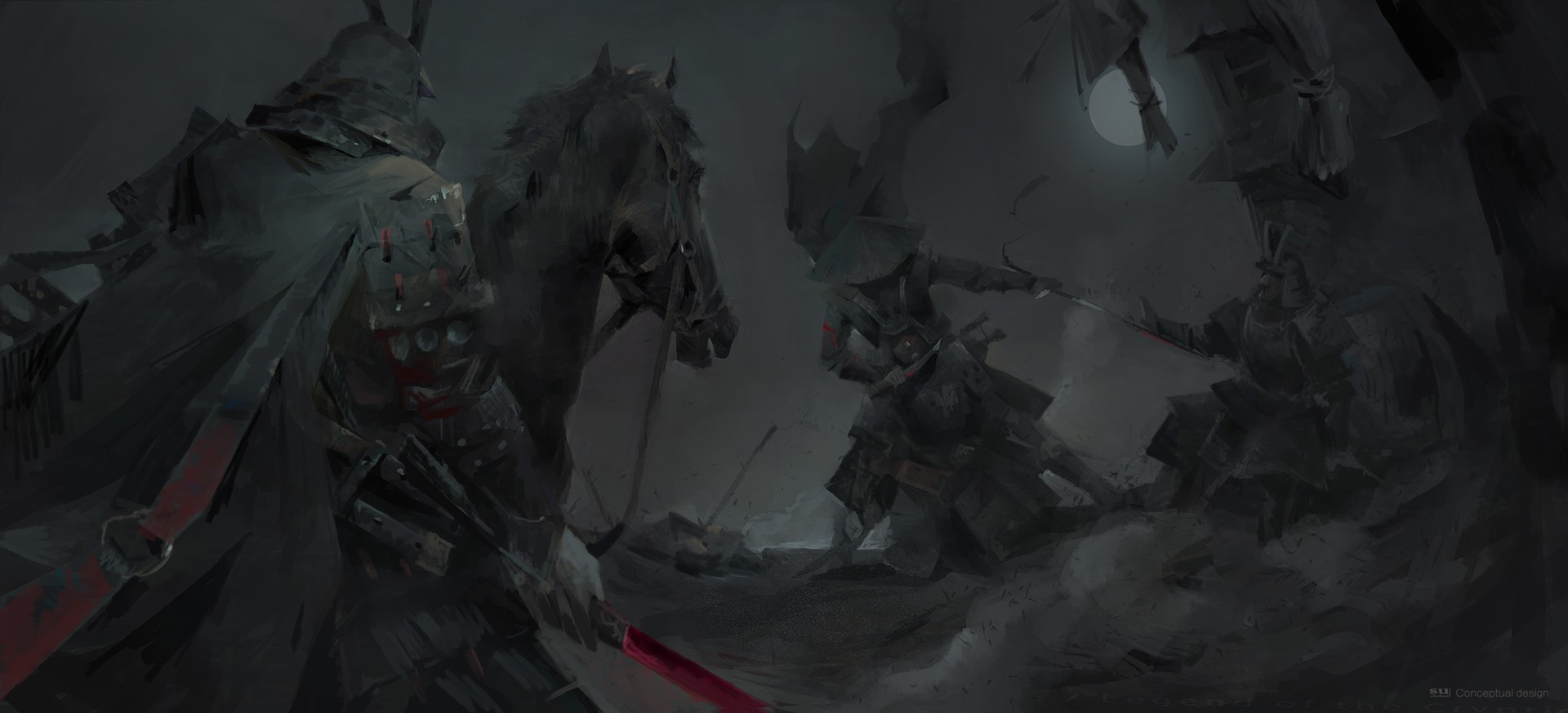 Samurai warriors in a dark battle scene with a horse HD Wallpaper