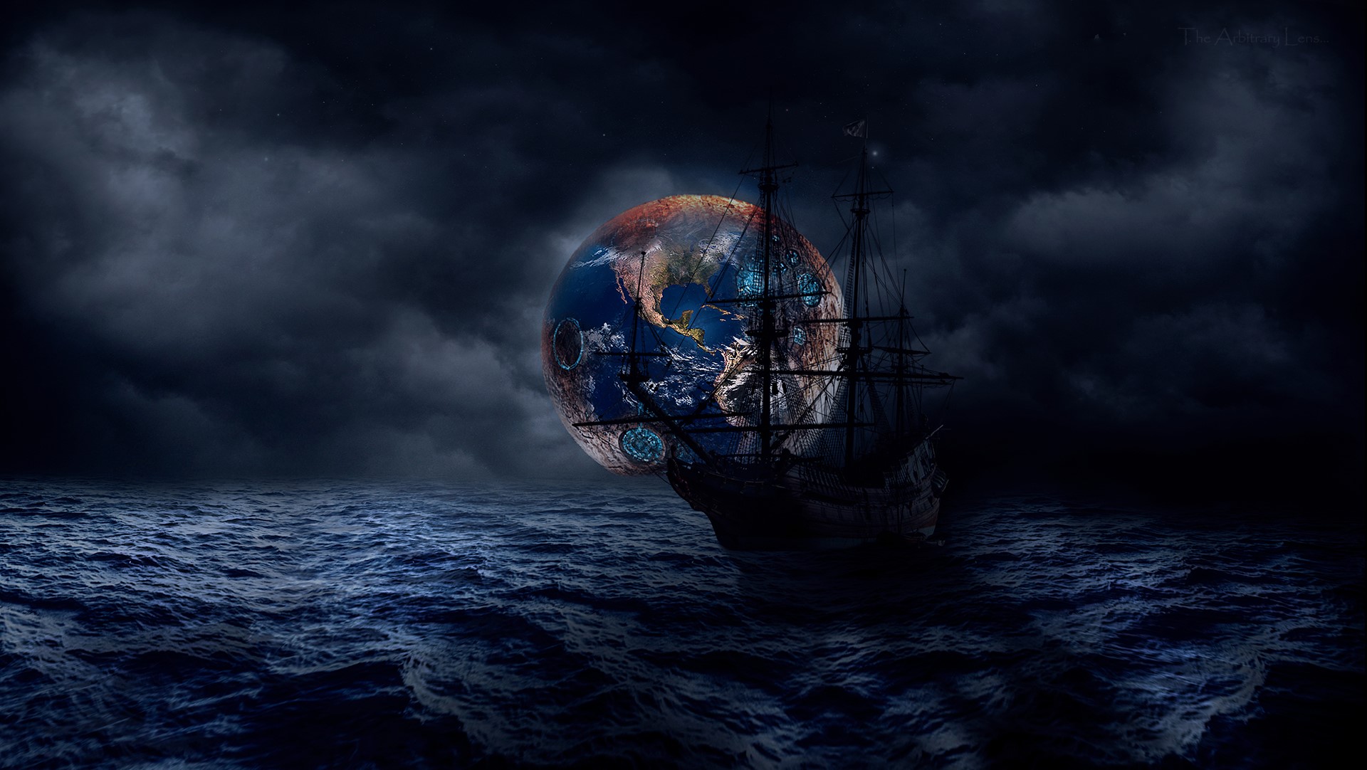 Pirate ship sailing on a stormy sea with planet Earth HD Wallpaper