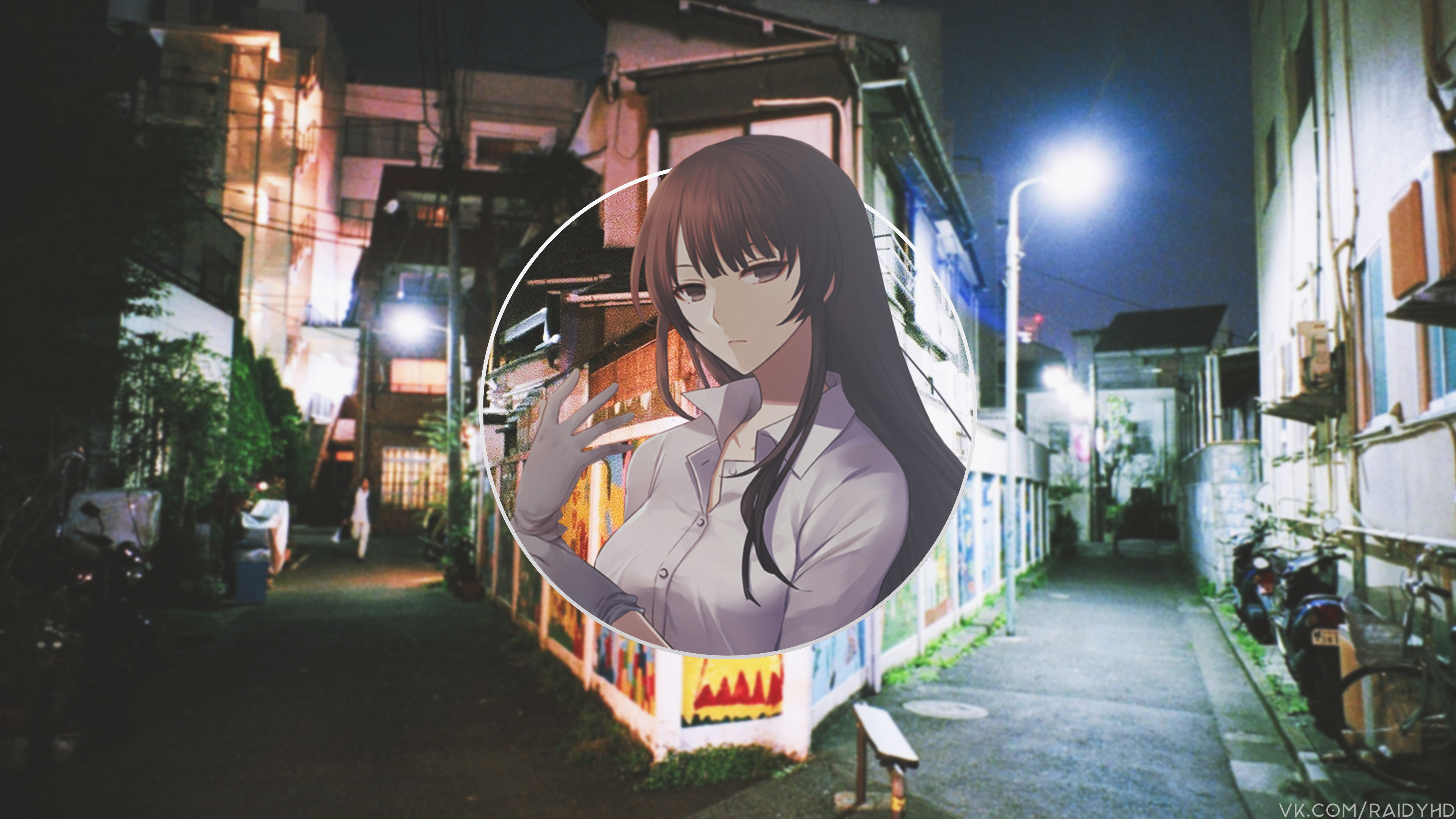 Anime girl in a circle overlay on a Japanese alleyway at night HD Wallpaper