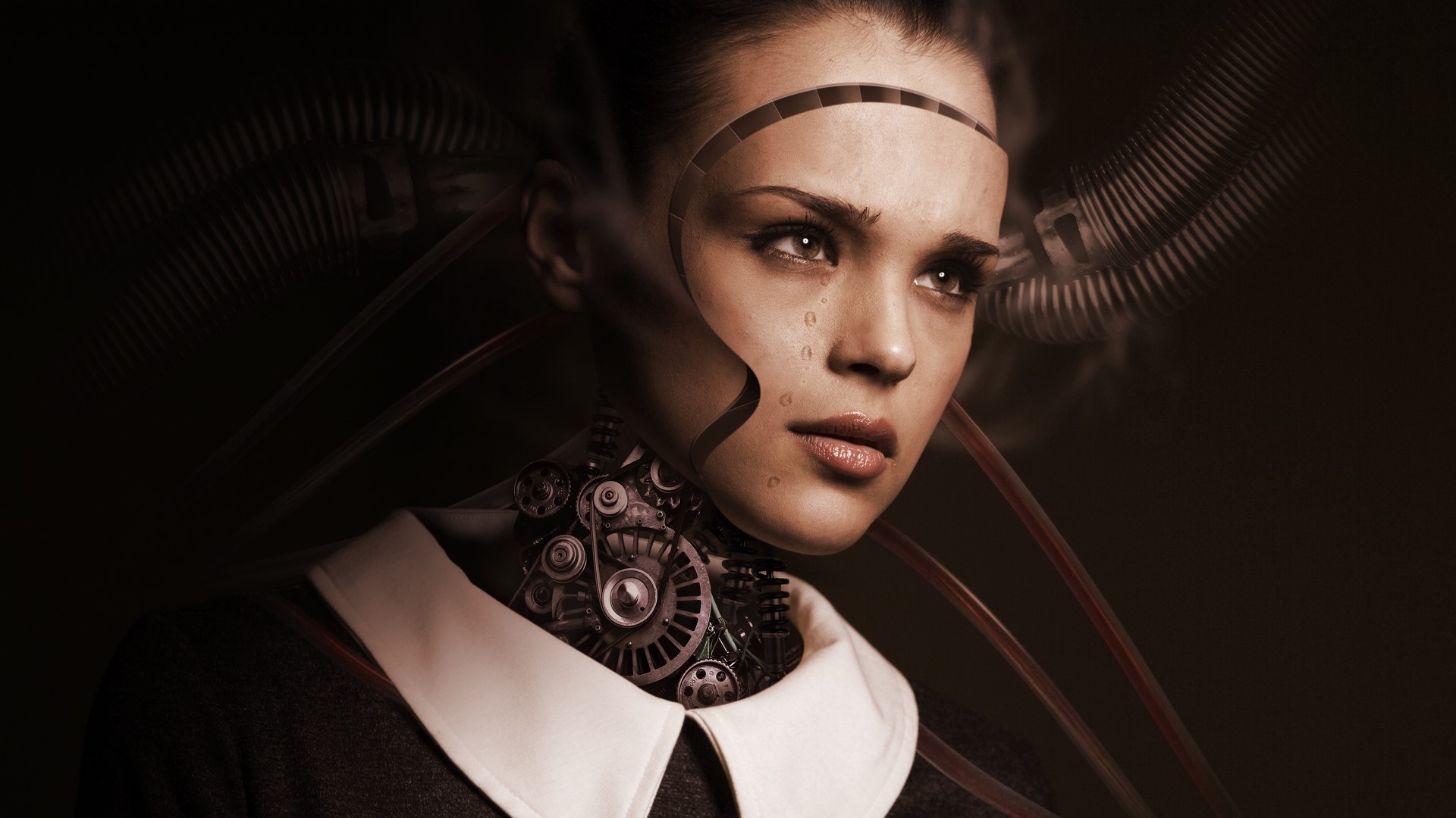 Woman with cyborg enhancements and mechanical neck HD Wallpaper