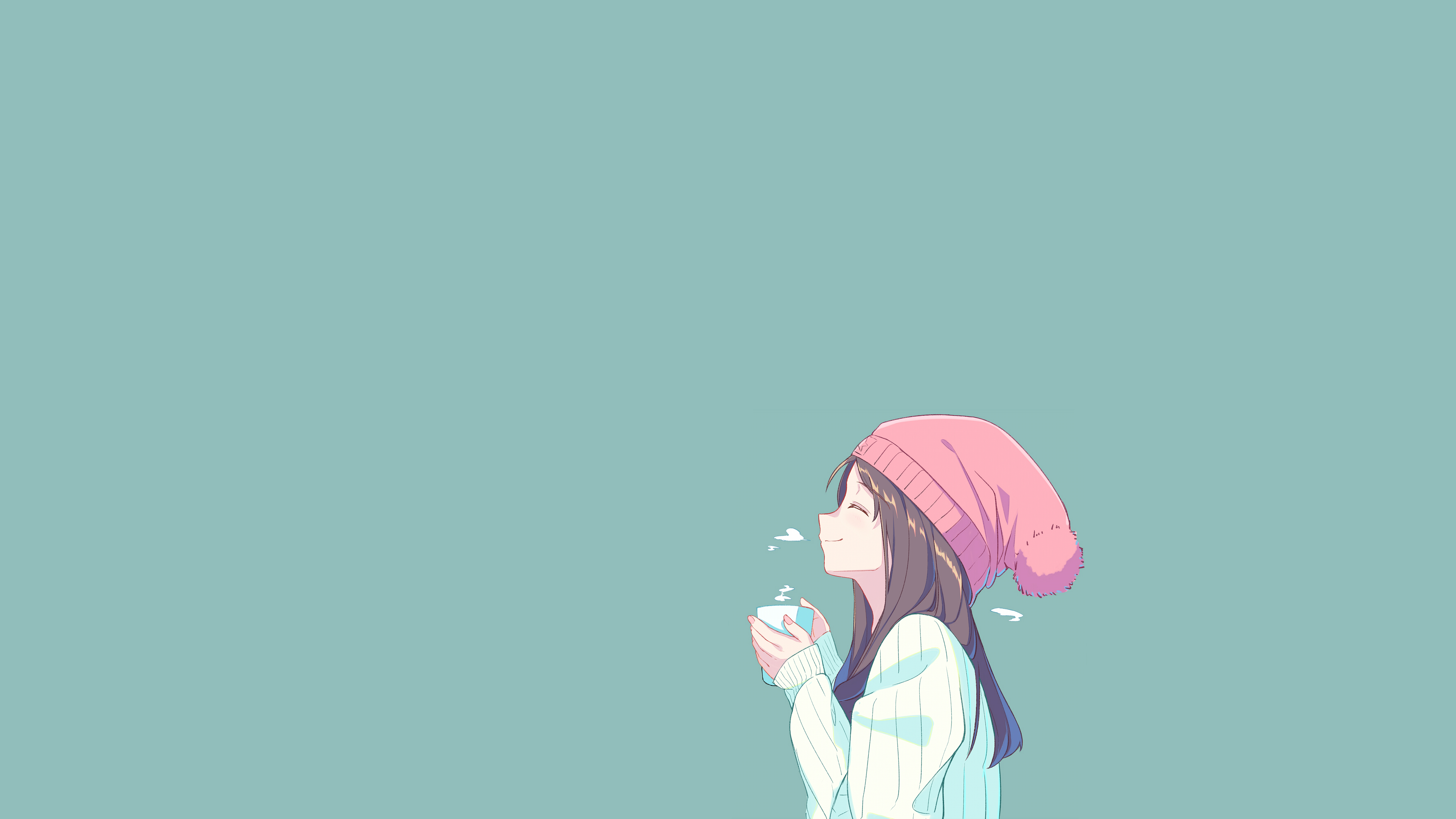 Anime girl in pink hat drinking coffee HD Wallpaper