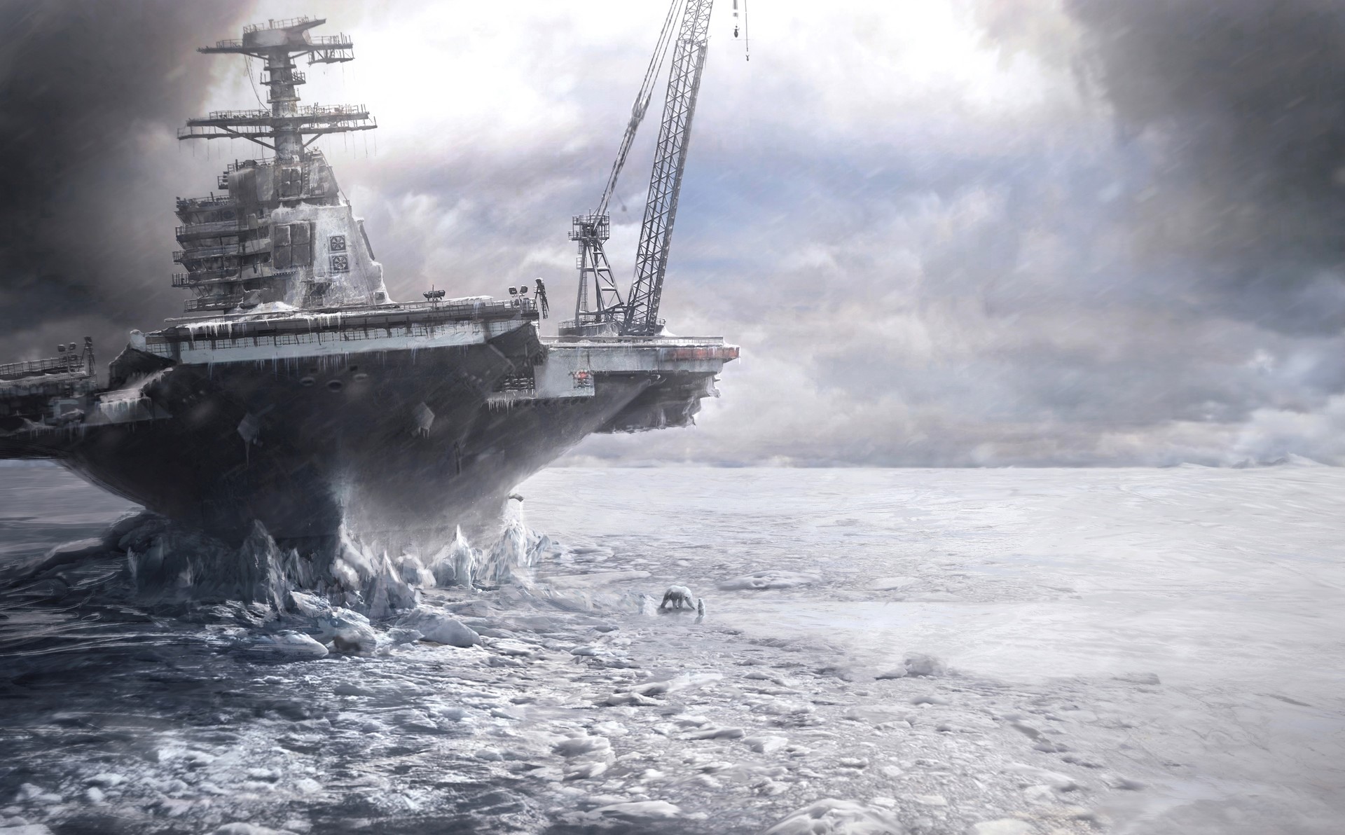 Aircraft carrier stuck in Arctic ice with crane HD Wallpaper