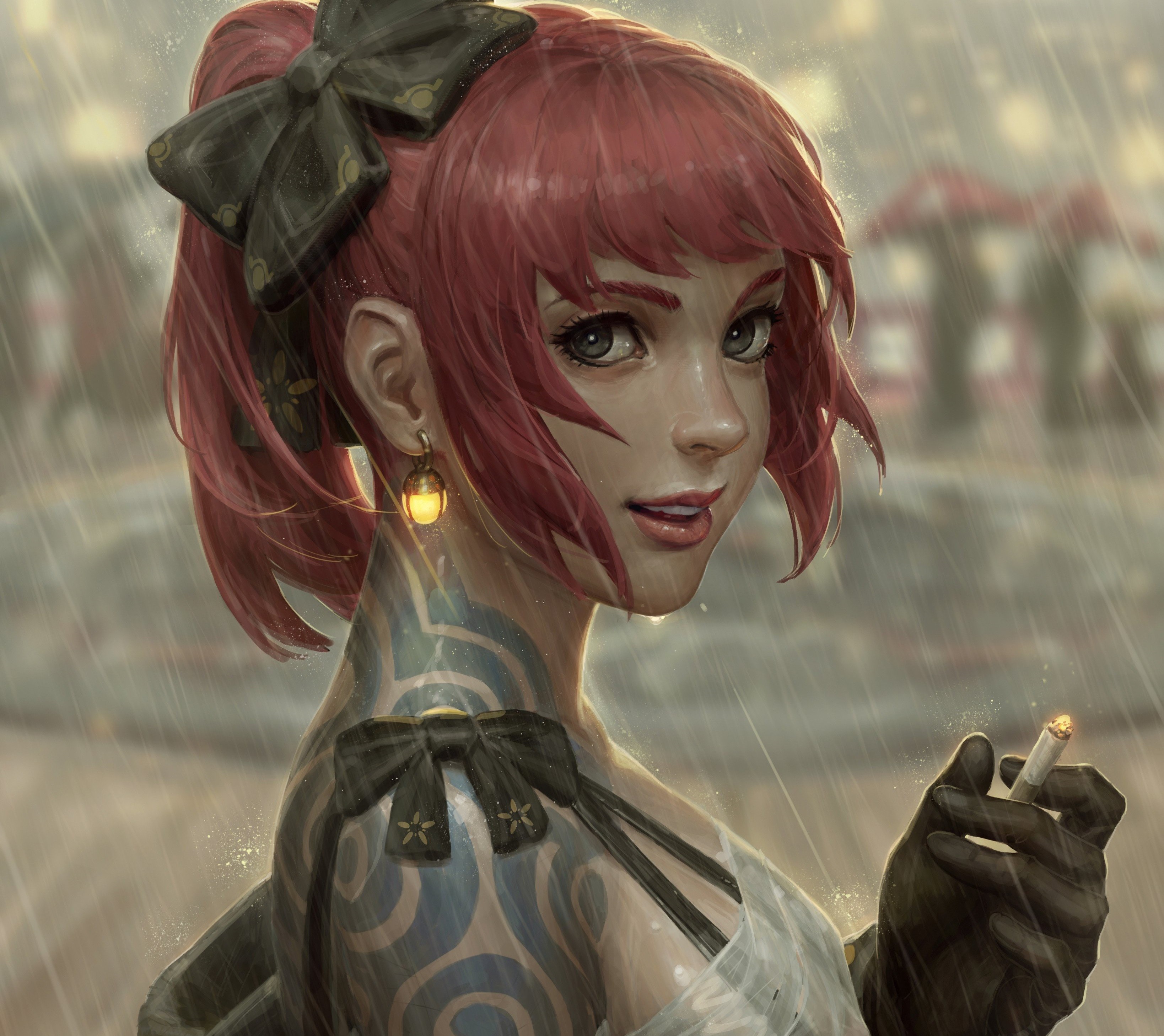 Woman with red hair and tattoos smoking in the rain HD Wallpaper