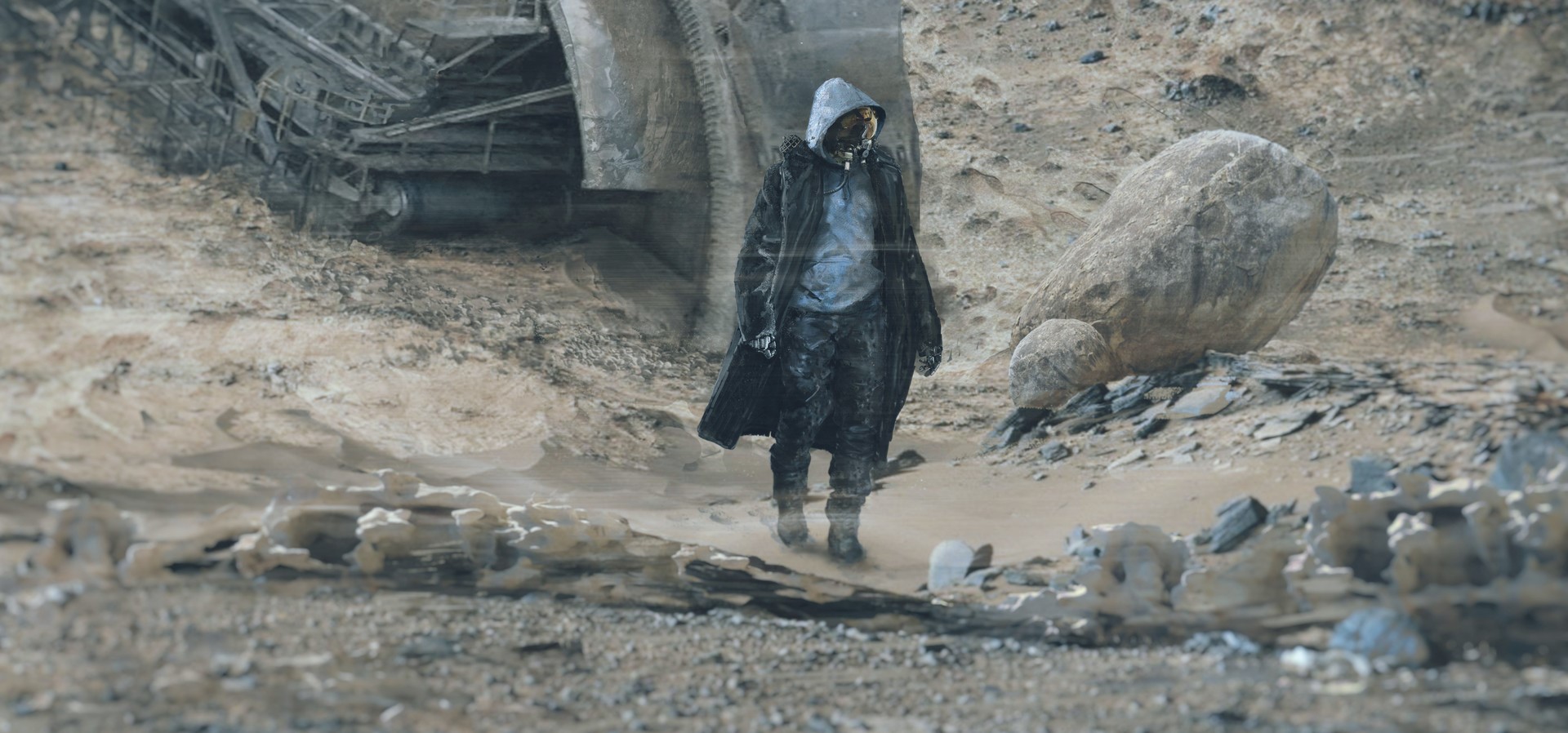 Man in gas mask and hood walks through desolate landscape HD Wallpaper