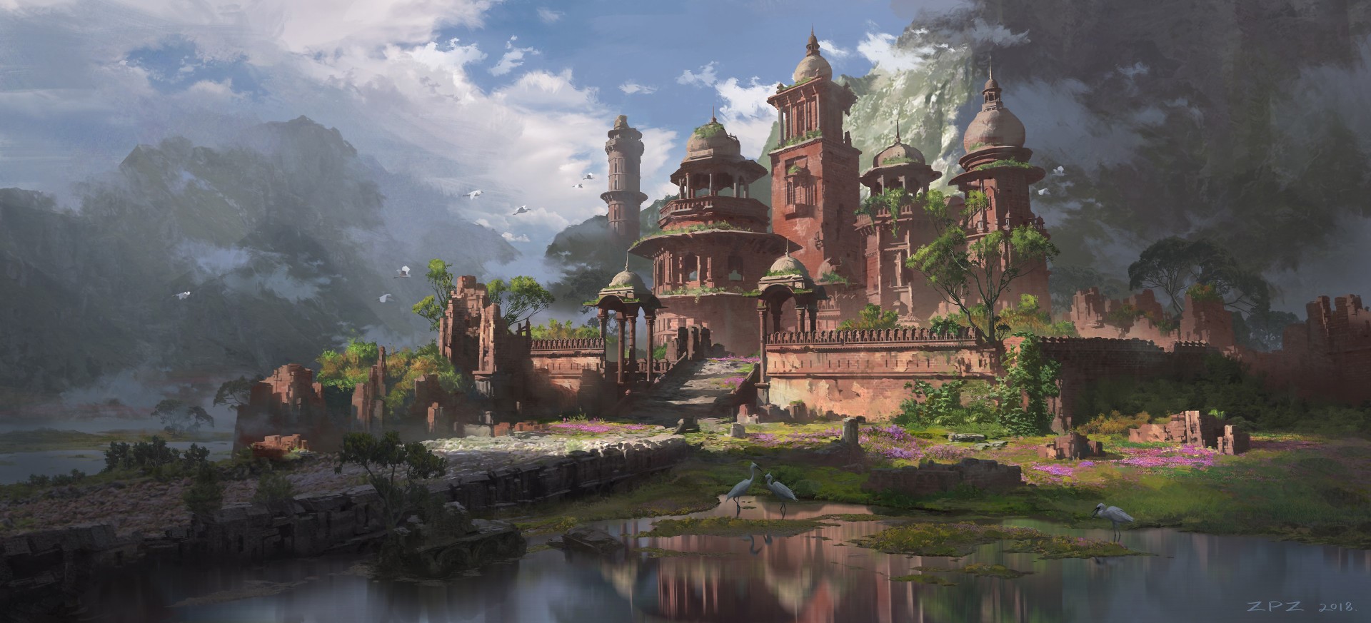 Ancient temple ruins by a river with mountains HD Wallpaper