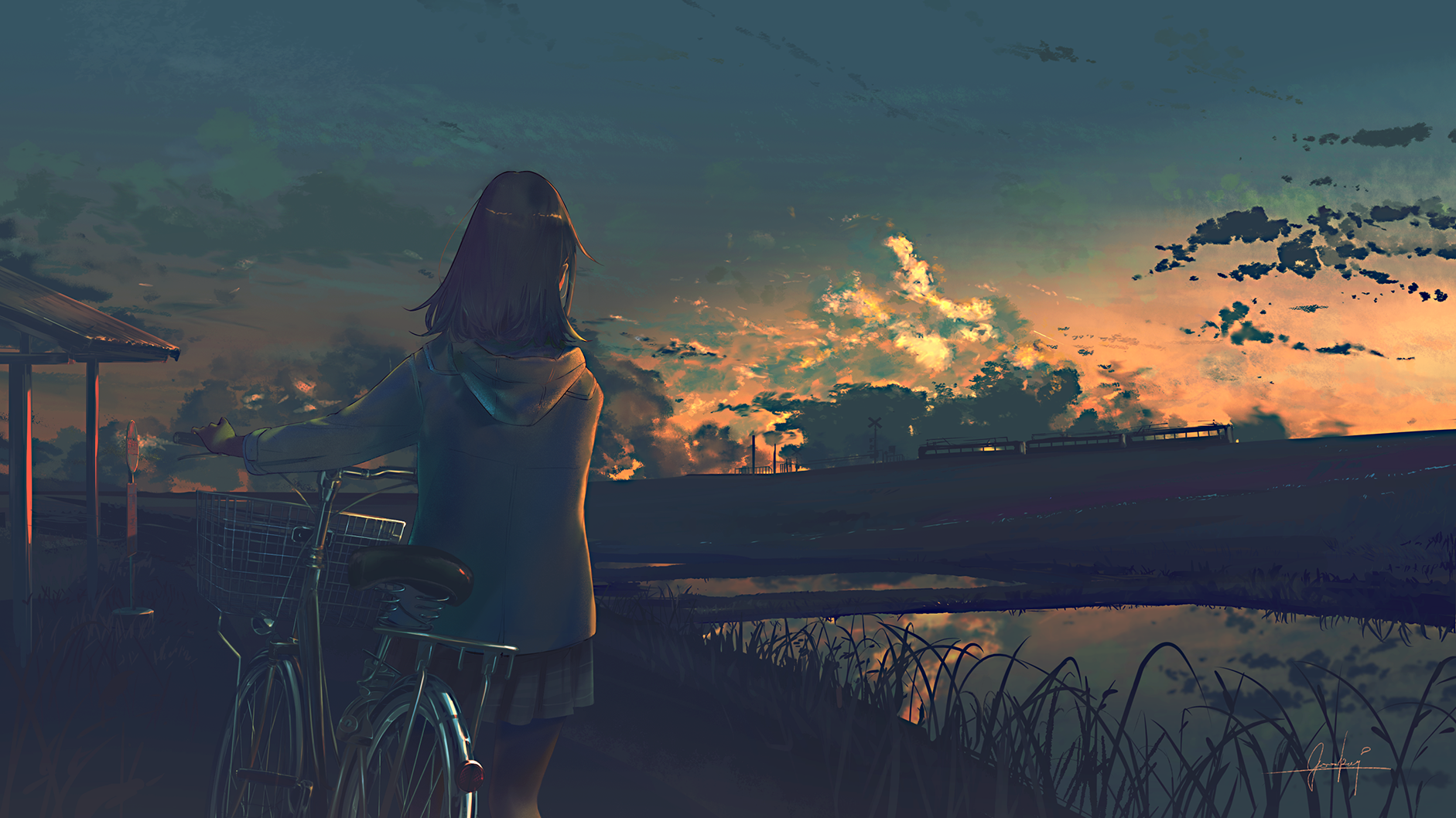 Anime girl with bicycle at sunset HD Wallpaper
