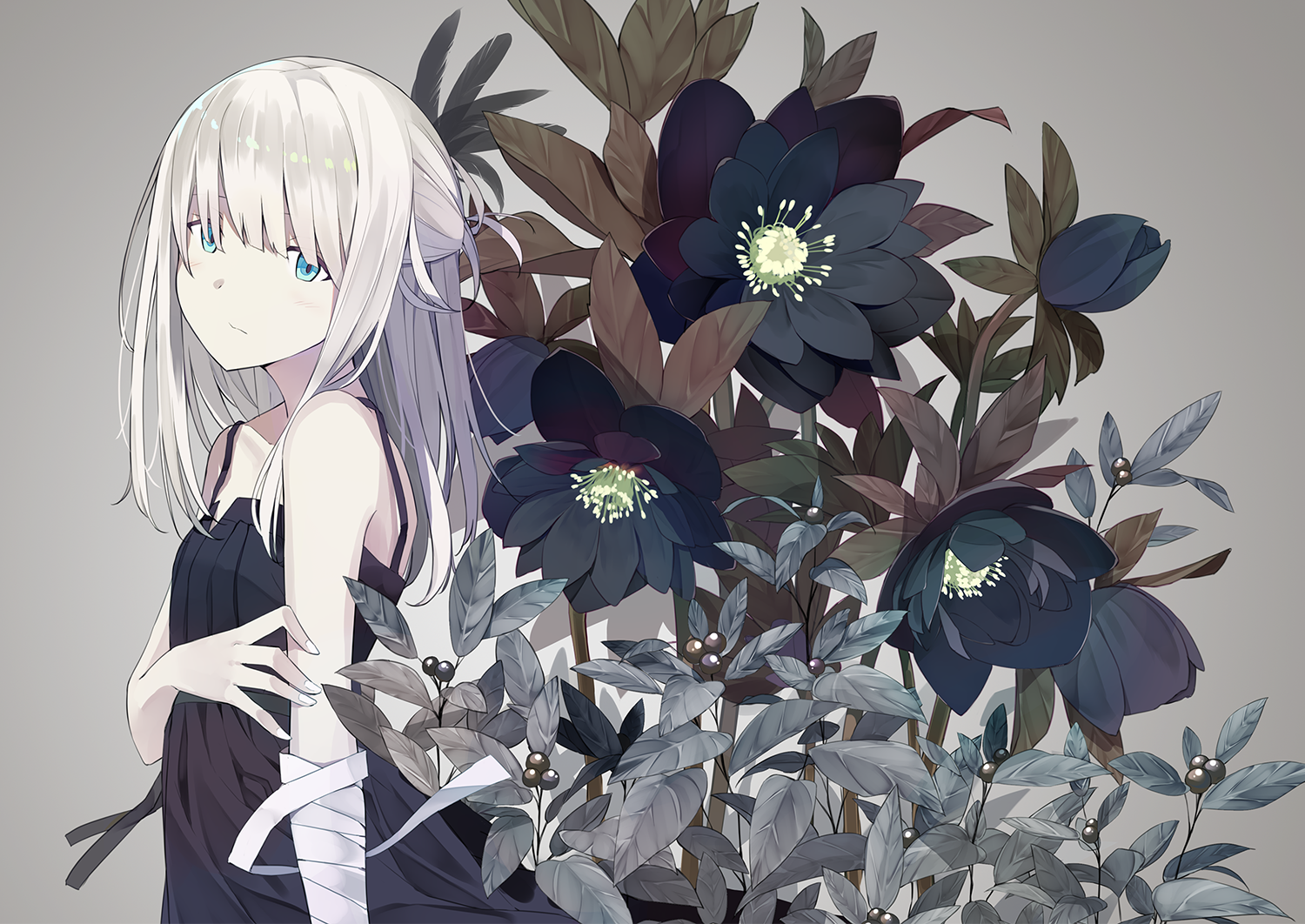 Anime girl with white hair and dark flowers HD Wallpaper