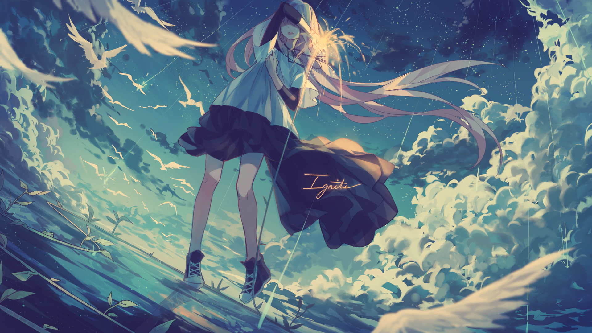 Anime girl with long pink hair and birds in the sky HD Wallpaper
