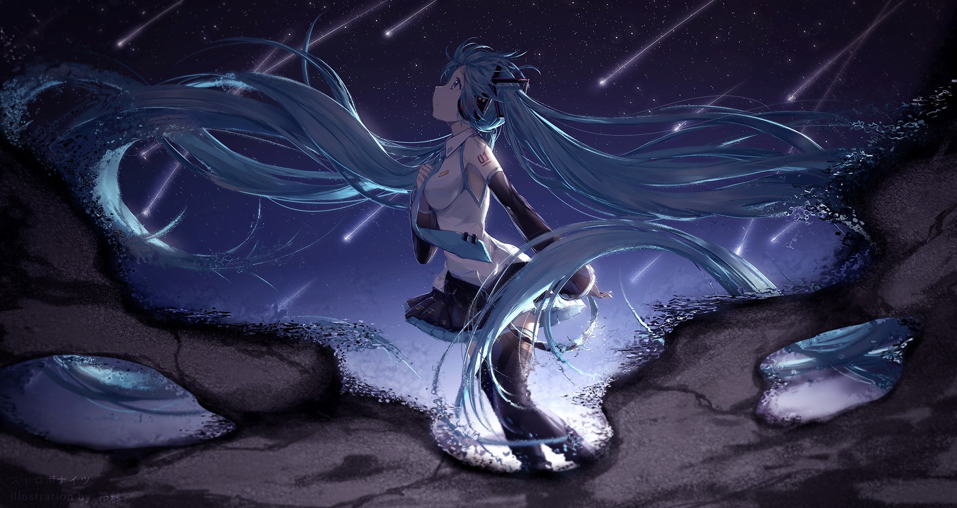 Hatsune Miku under a starry sky with shooting stars HD Wallpaper
