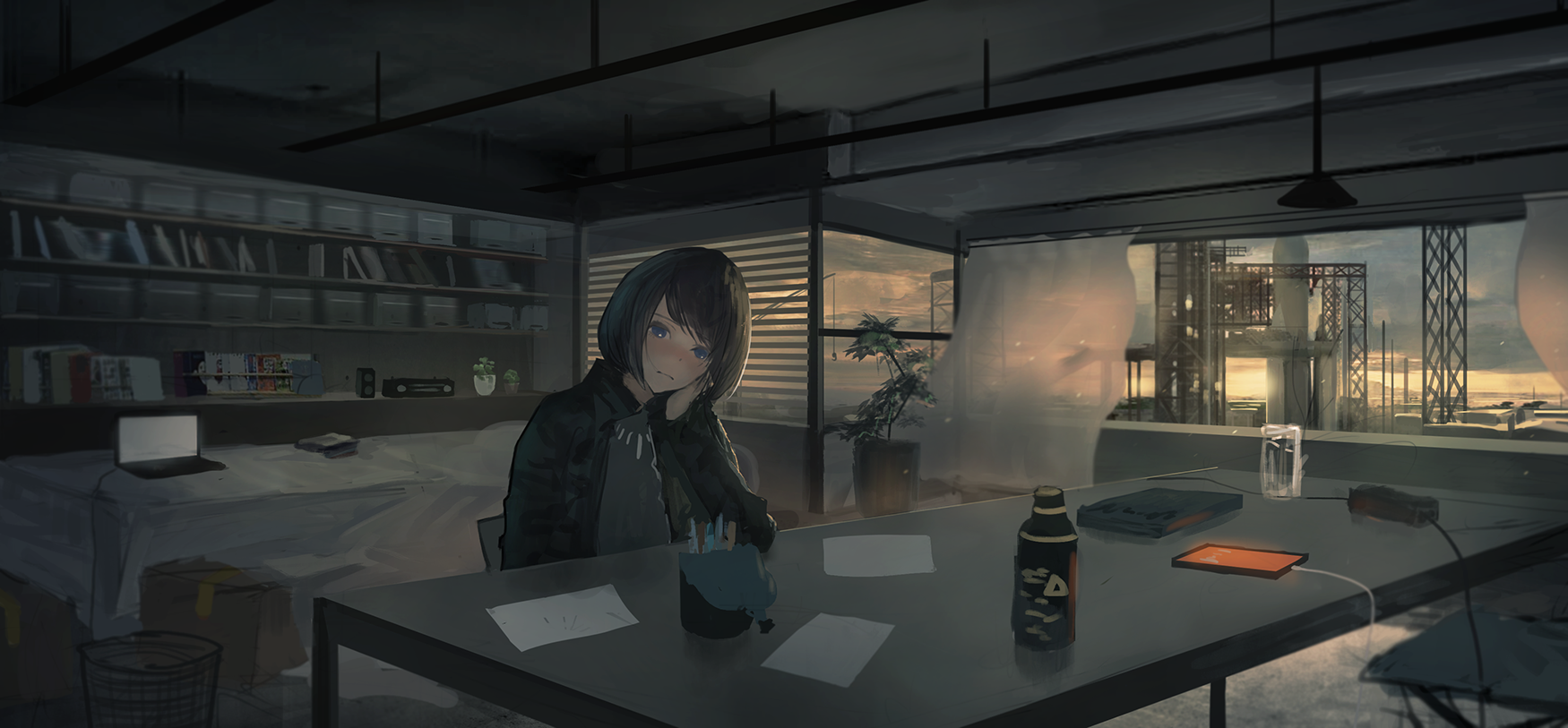 Anime girl sitting at a desk in a room HD Wallpaper