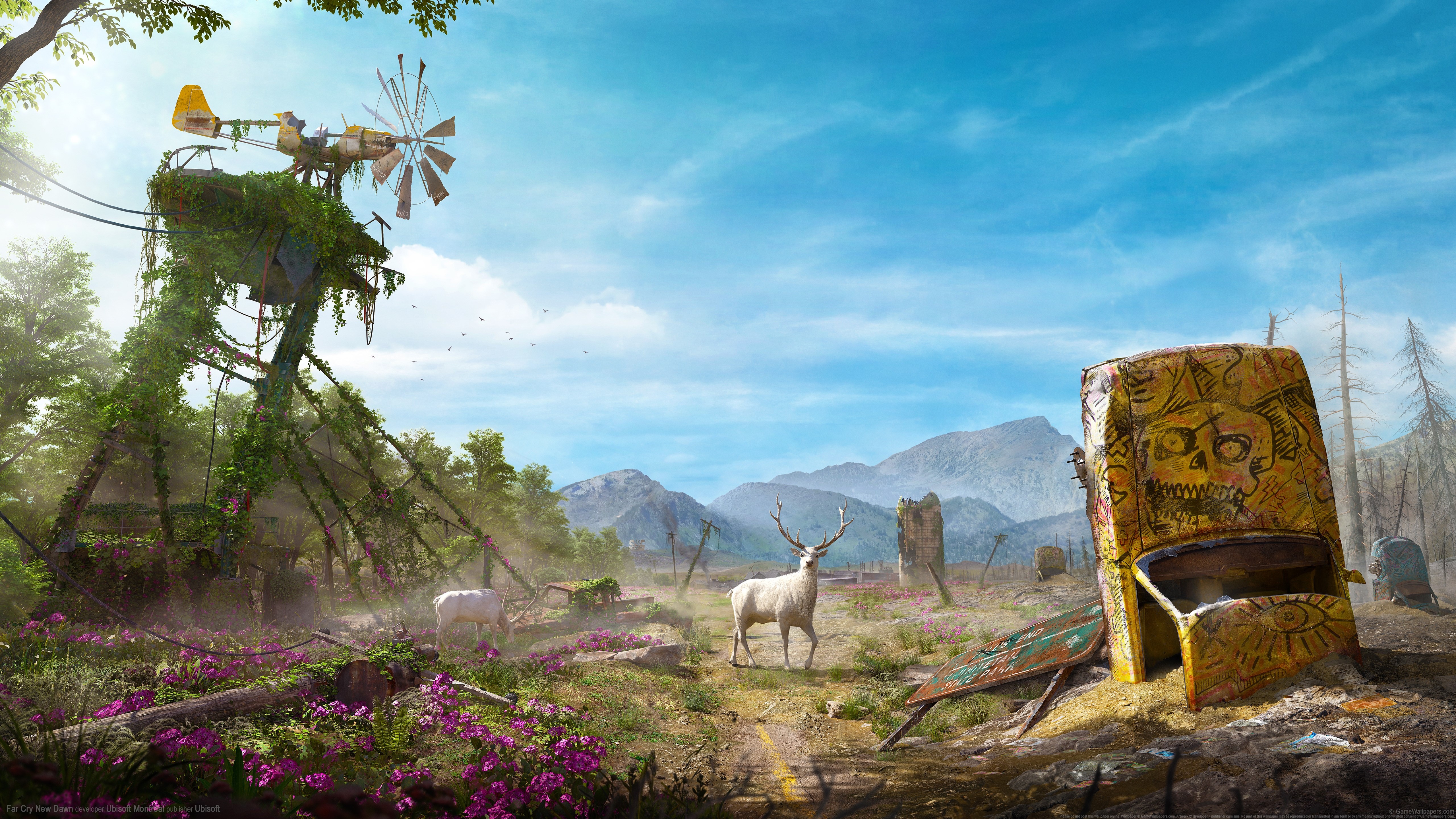 Far Cry New Dawn abandoned car and deer HD Wallpaper