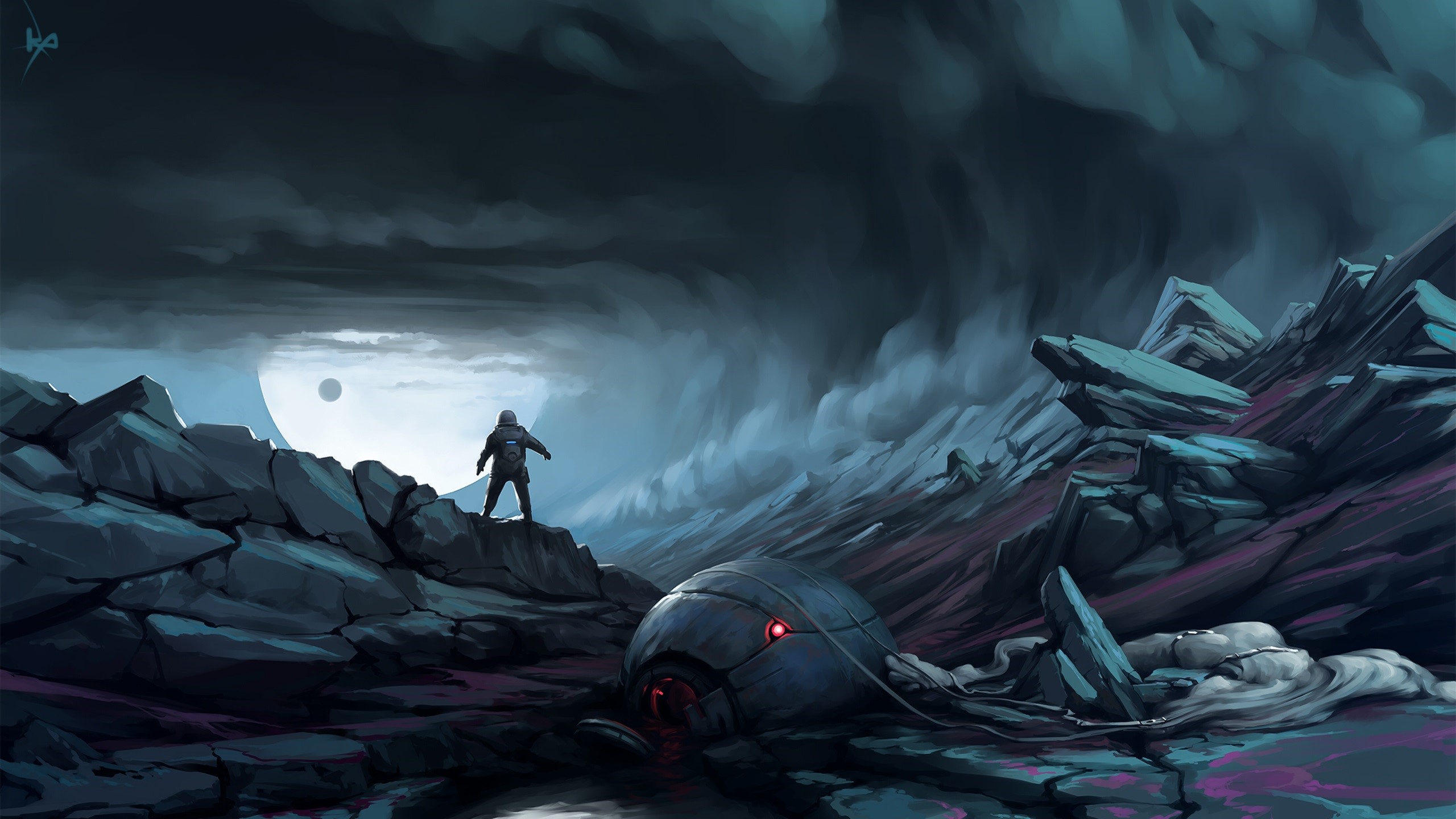 Astronaut on a desolate alien planet with crashed spacecraft HD Wallpaper