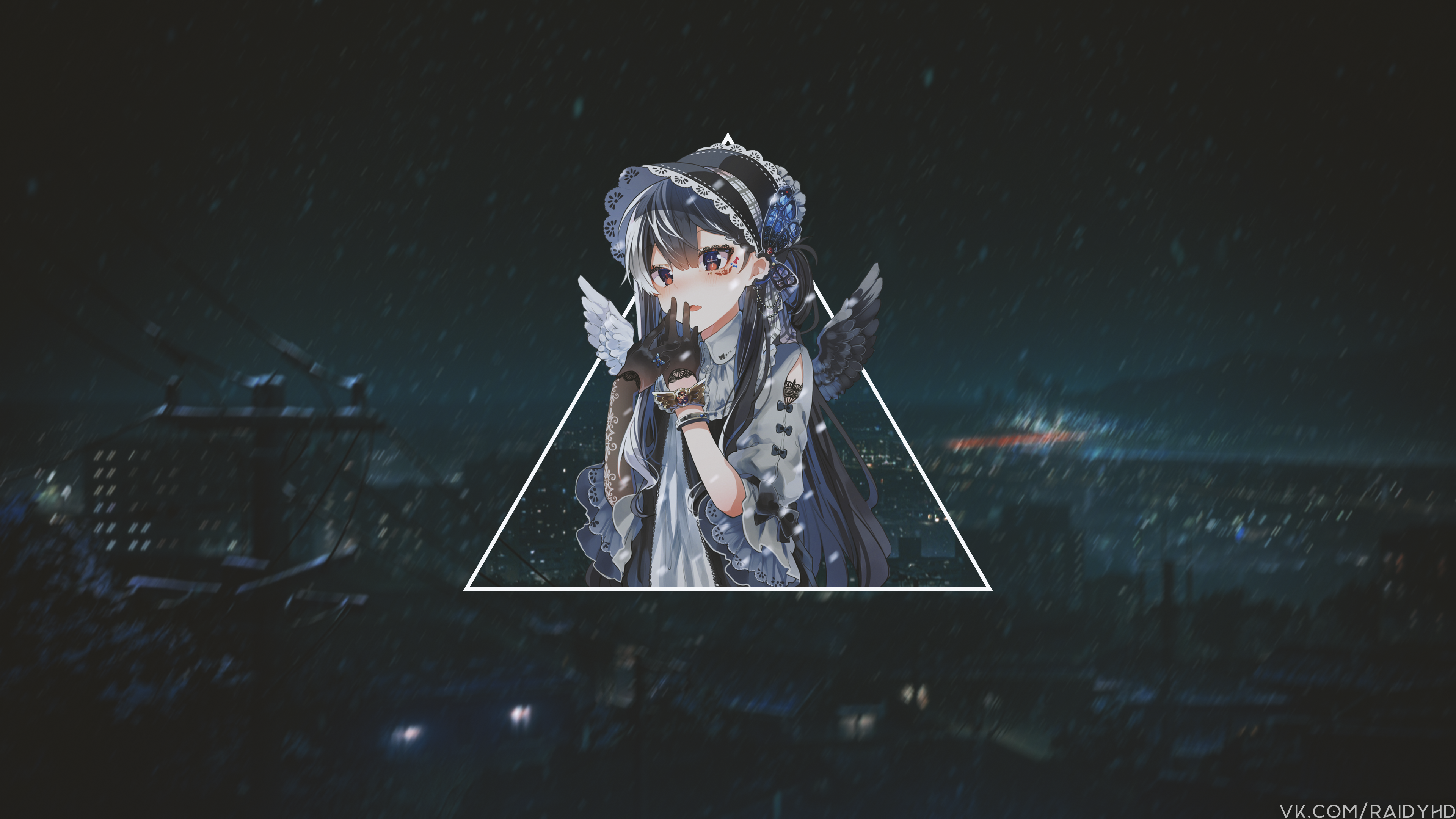 Anime girl with wings in a city at night HD Wallpaper