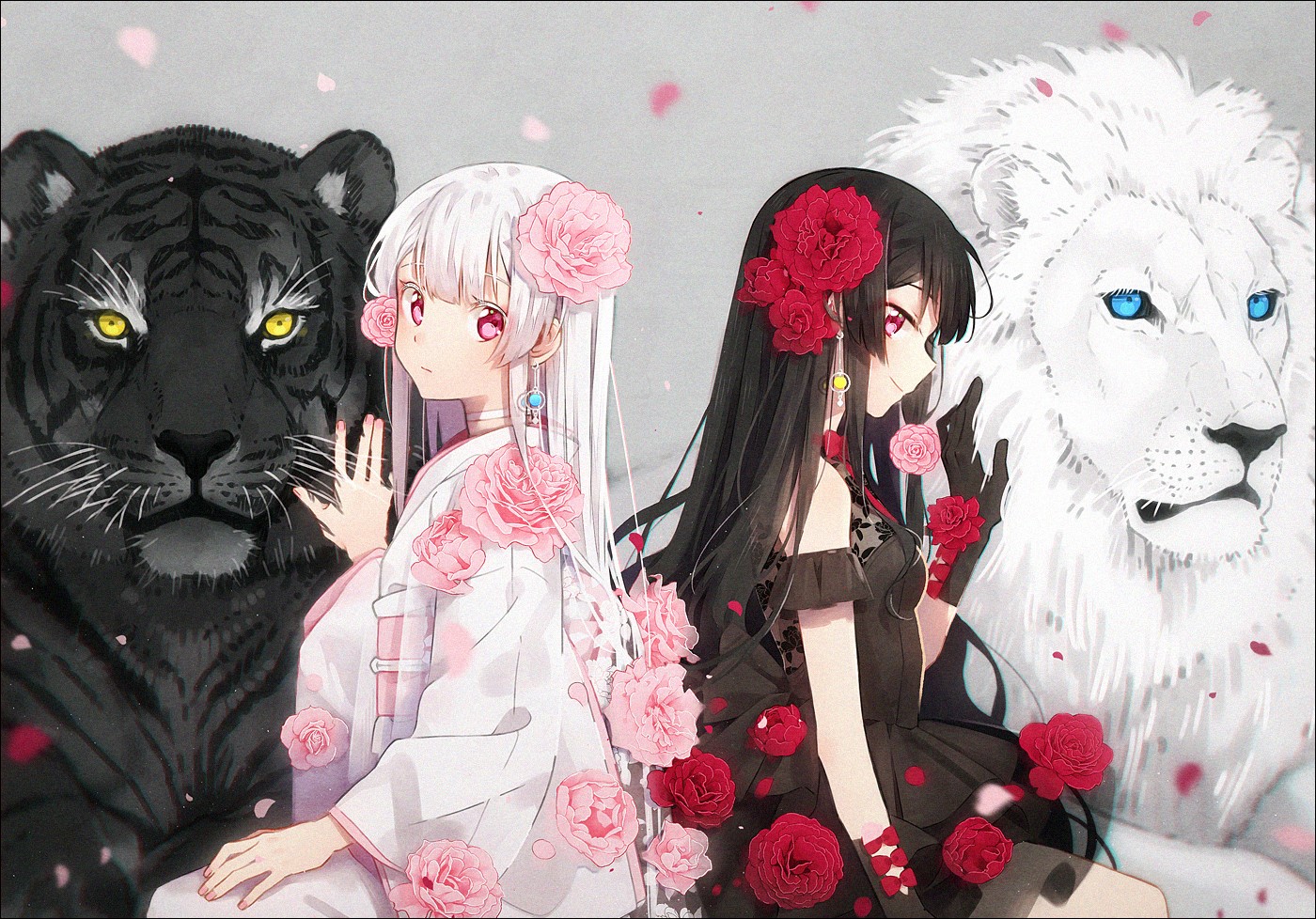 Anime girls with black and white tigers and lions HD Wallpaper