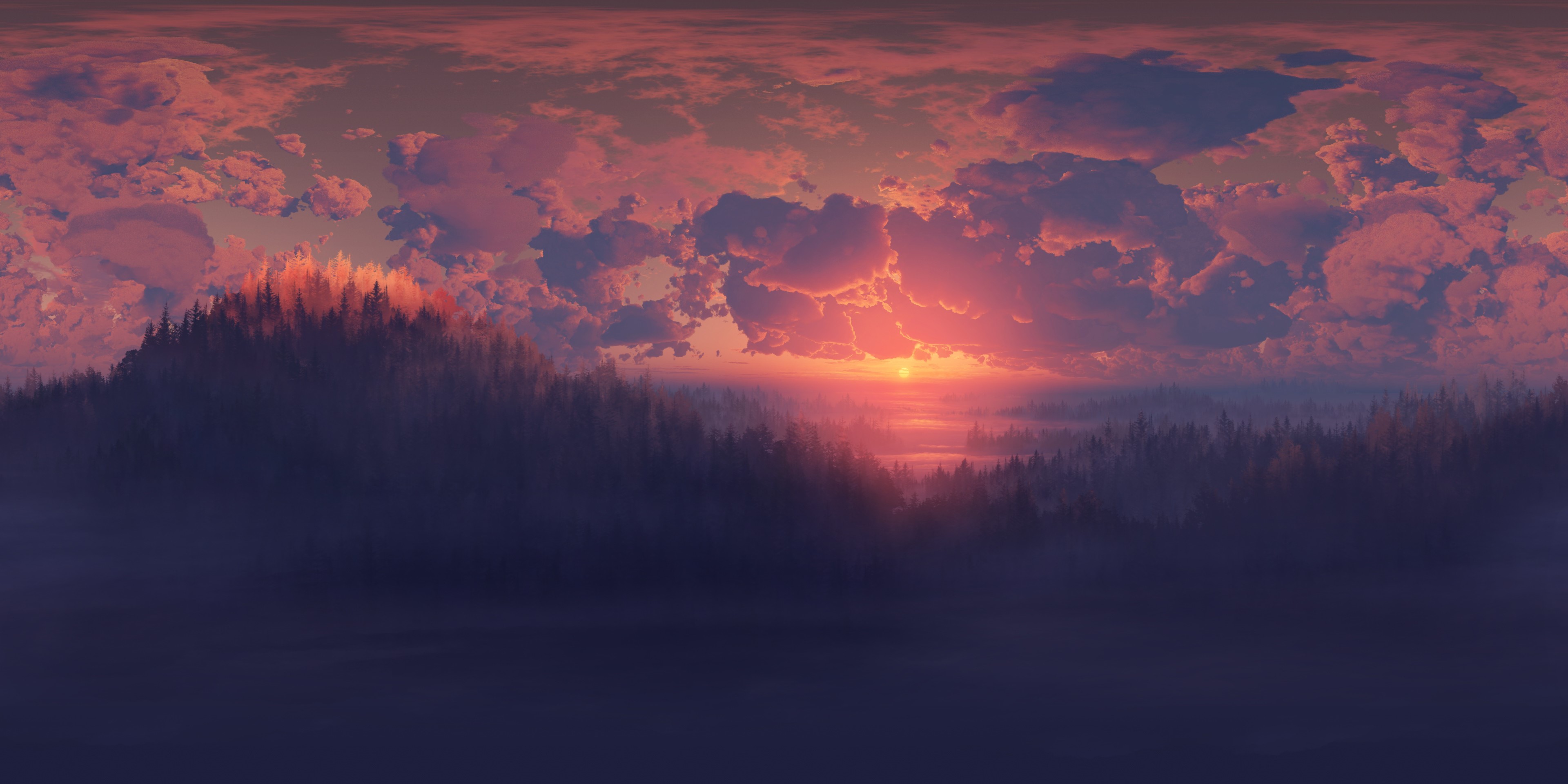 4K Sunset Over Forested Hills with Clouds HD Wallpaper