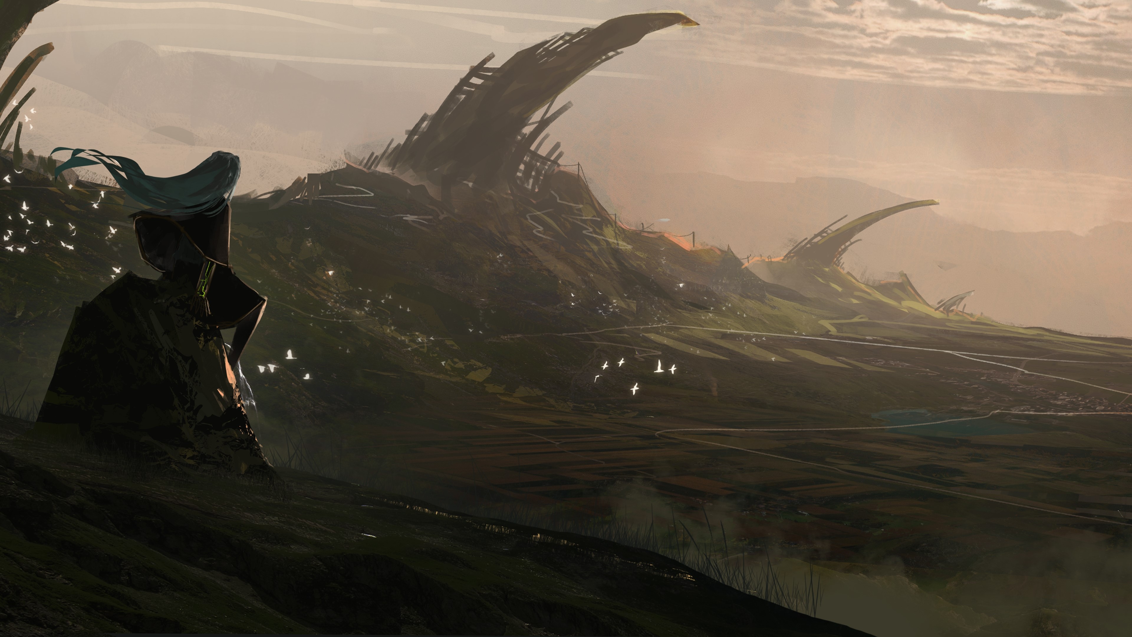 Fantasy landscape with ruins and birds HD Wallpaper