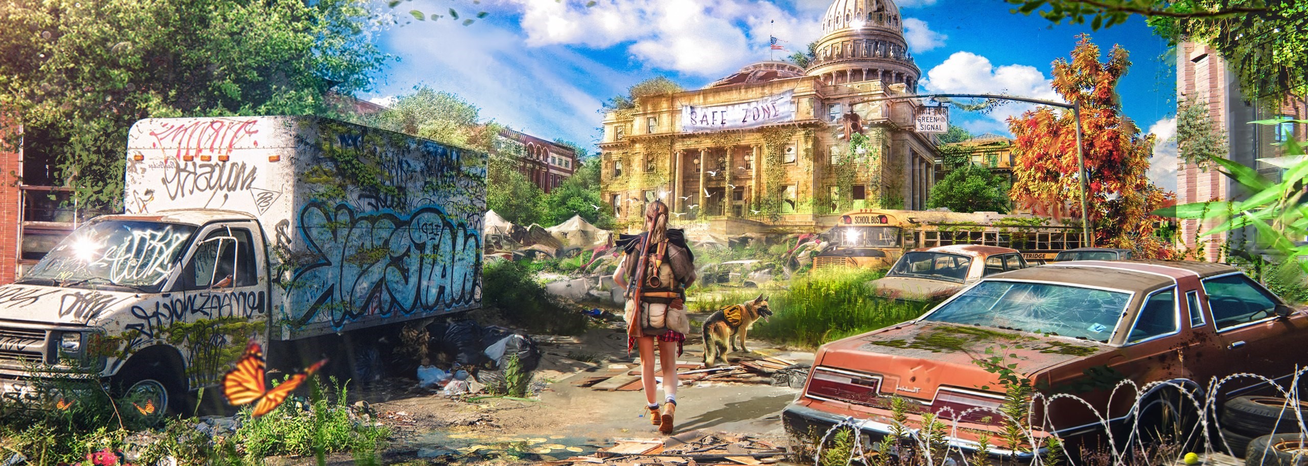 Woman with dog in apocalyptic city HD Wallpaper
