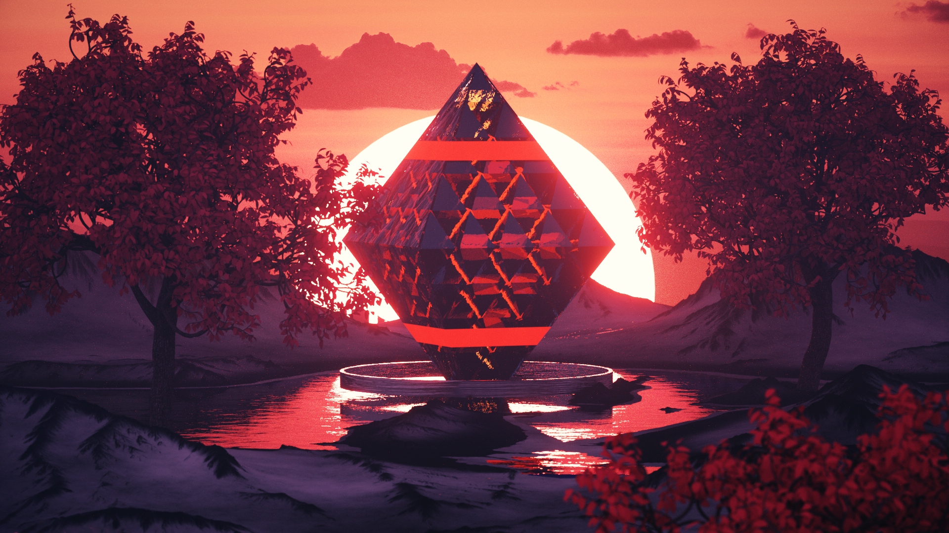 3D abstract diamond shape in a surreal landscape HD Wallpaper