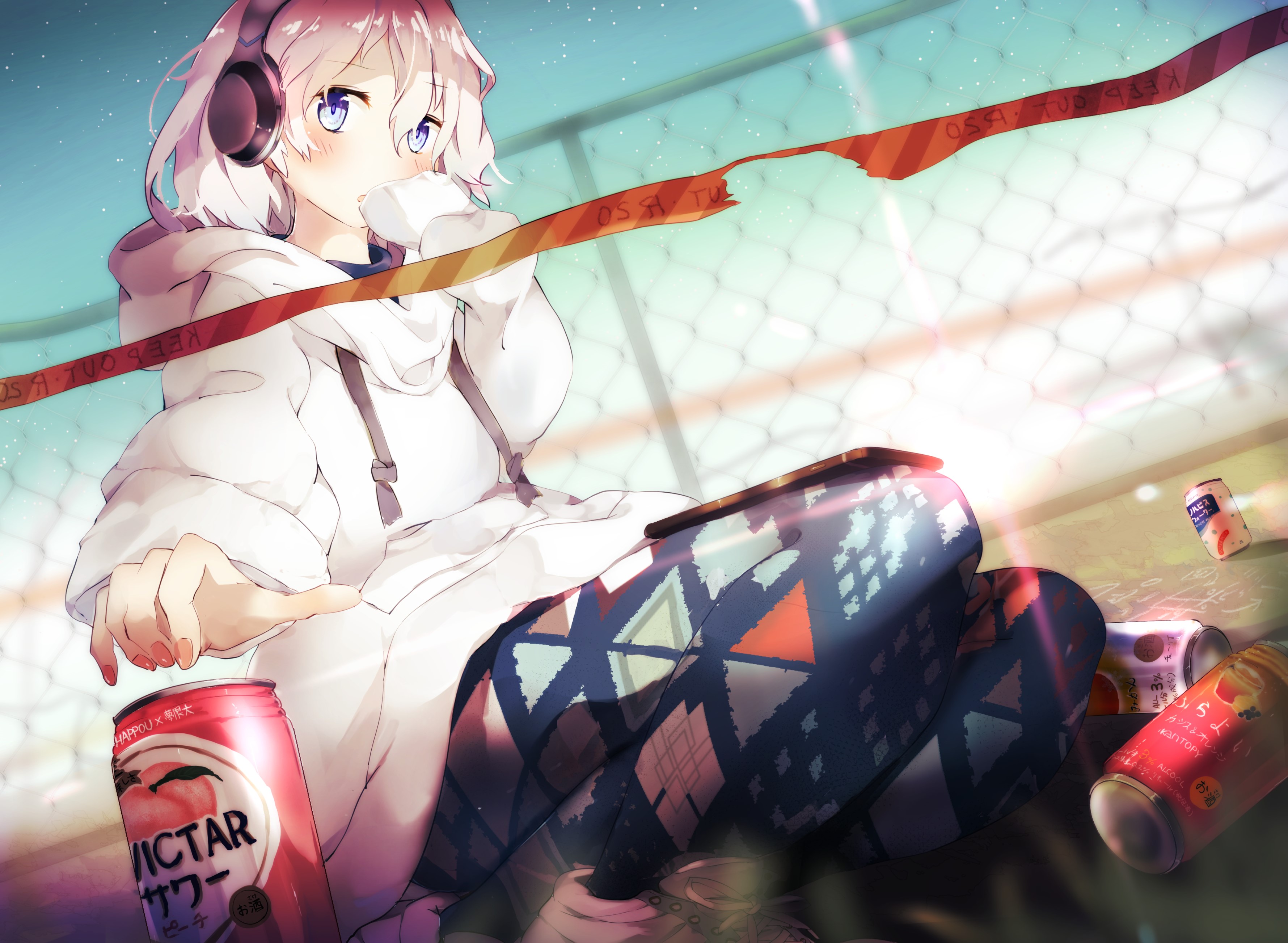 Anime girl with headphones and cans HD Wallpaper
