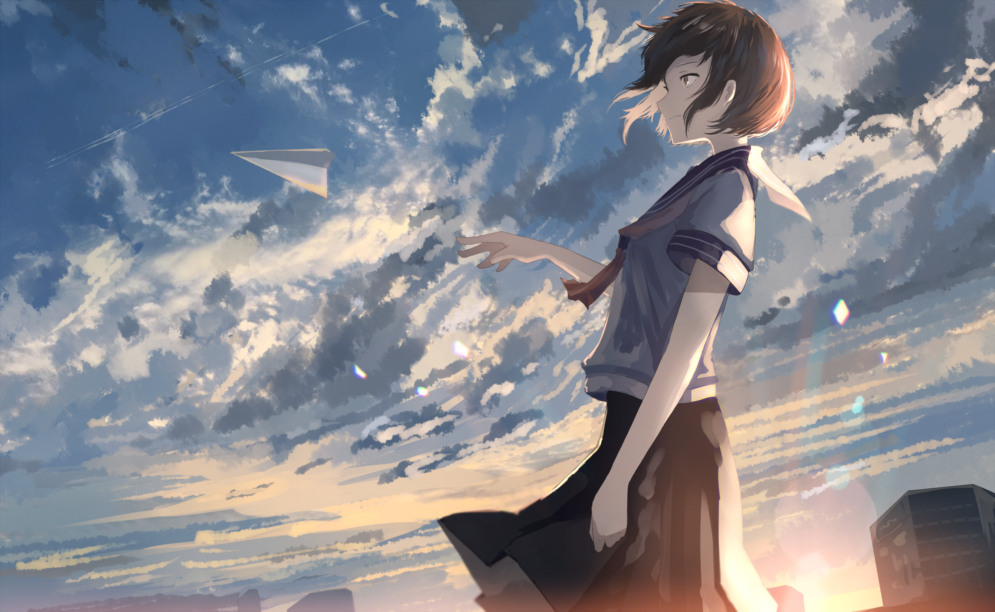 Anime girl with paper plane in the sky HD Wallpaper
