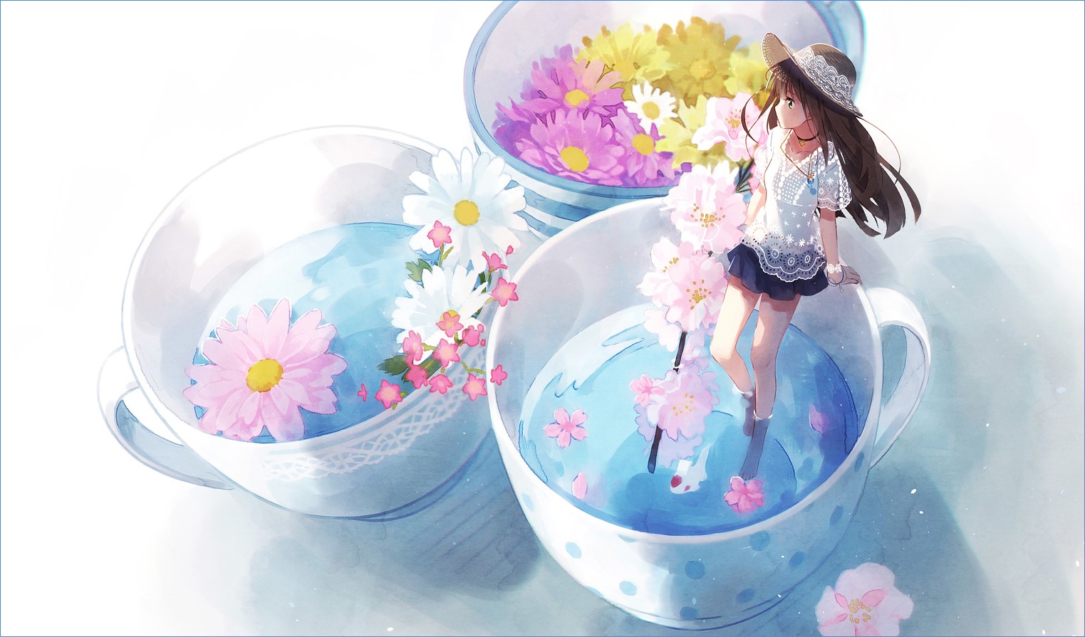 Anime girl in a hat sitting in a teacup with flowers HD Wallpaper