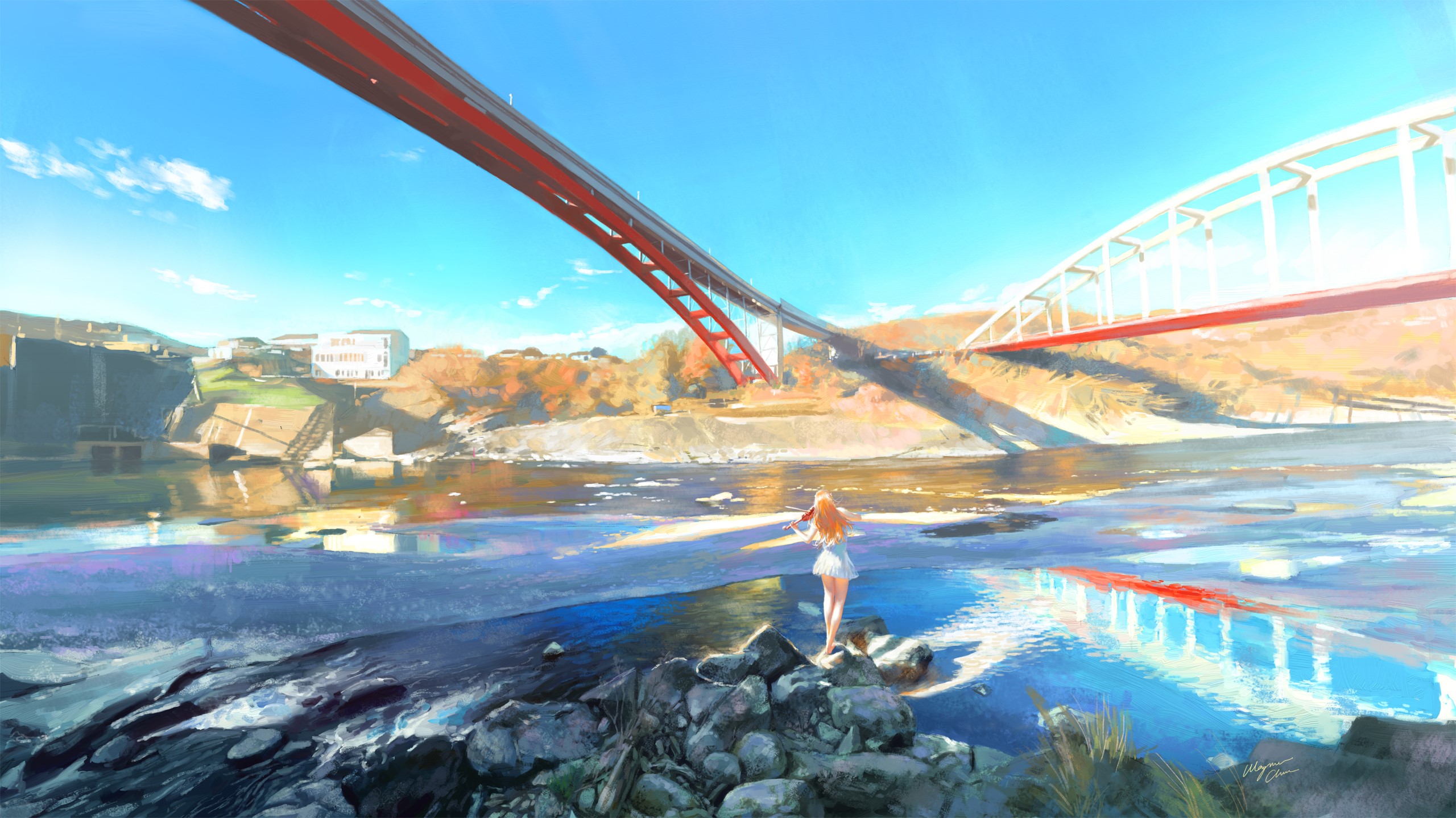 Anime girl by the river under a bridge HD Wallpaper