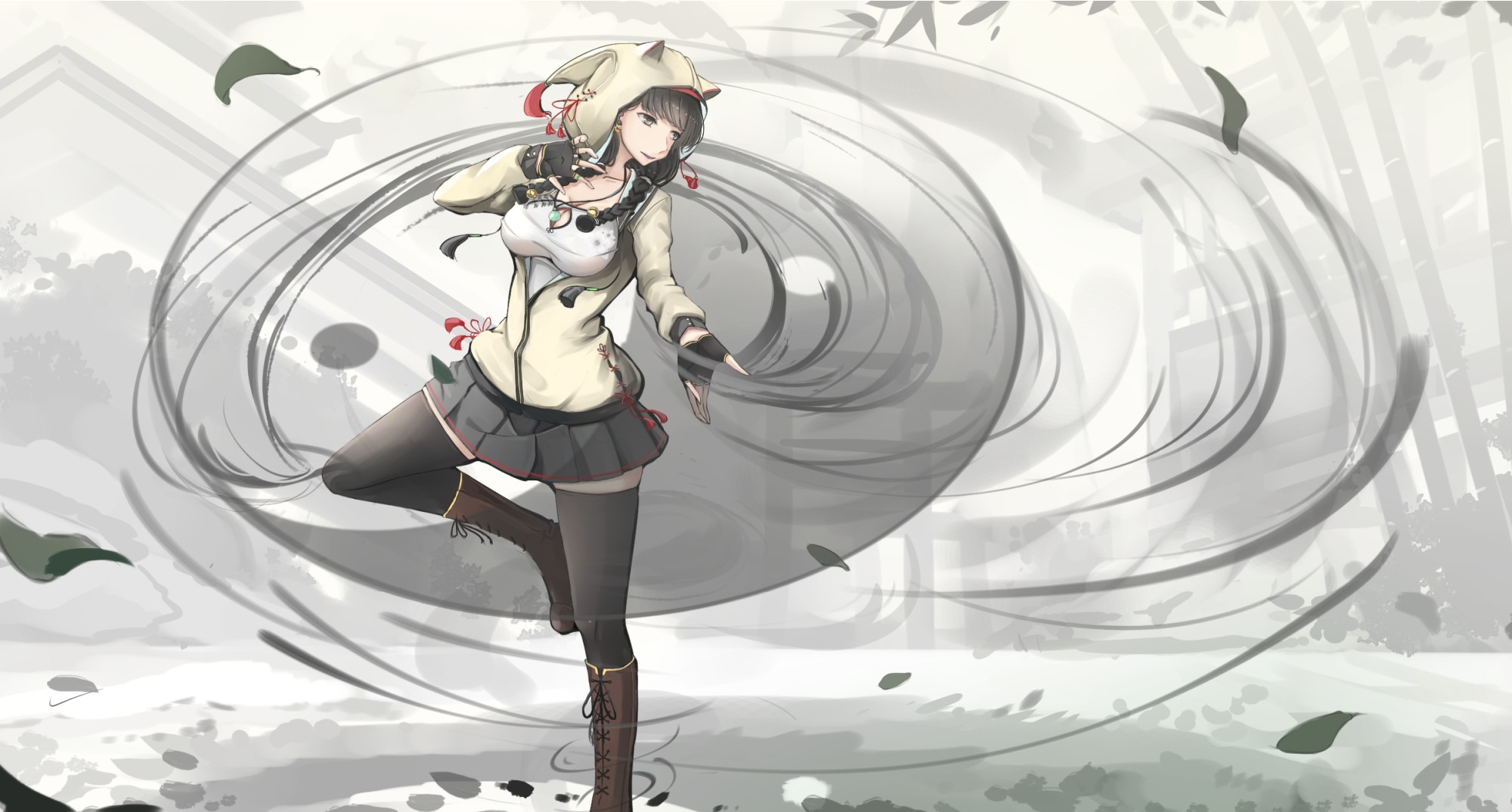Anime girl with dark hair in a hoodie and miniskirt HD Wallpaper
