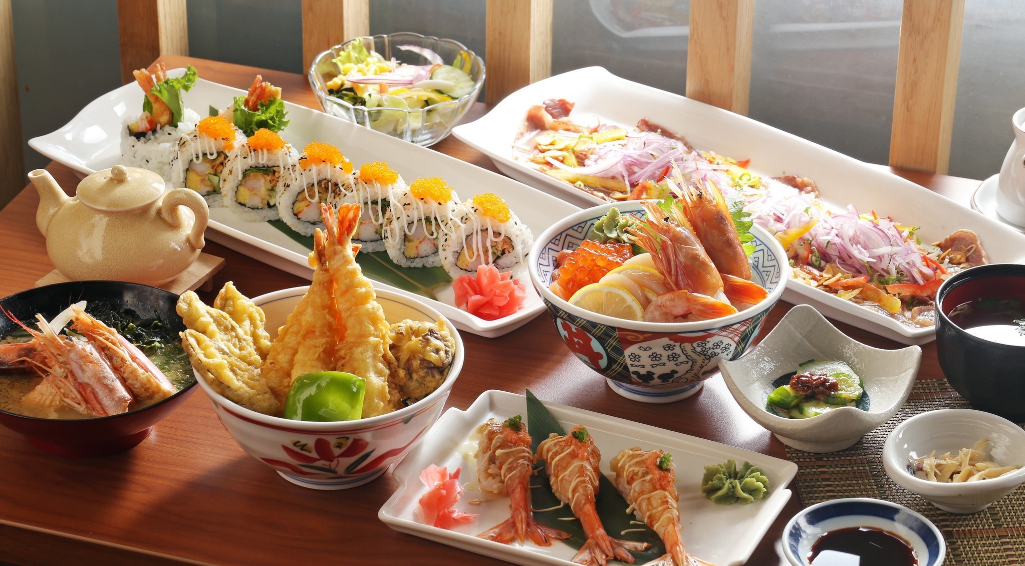 Japanese Seafood Meal with Sushi and Tempura HD Wallpaper