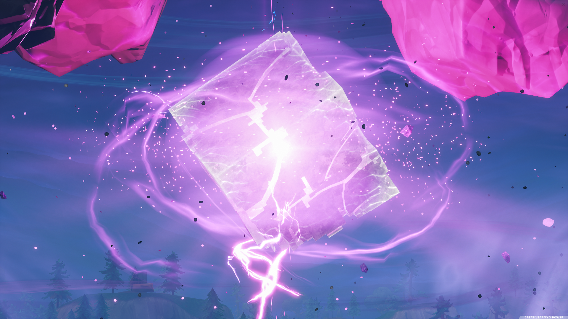 Fortnite Cube with pink crystals and lightning HD Wallpaper